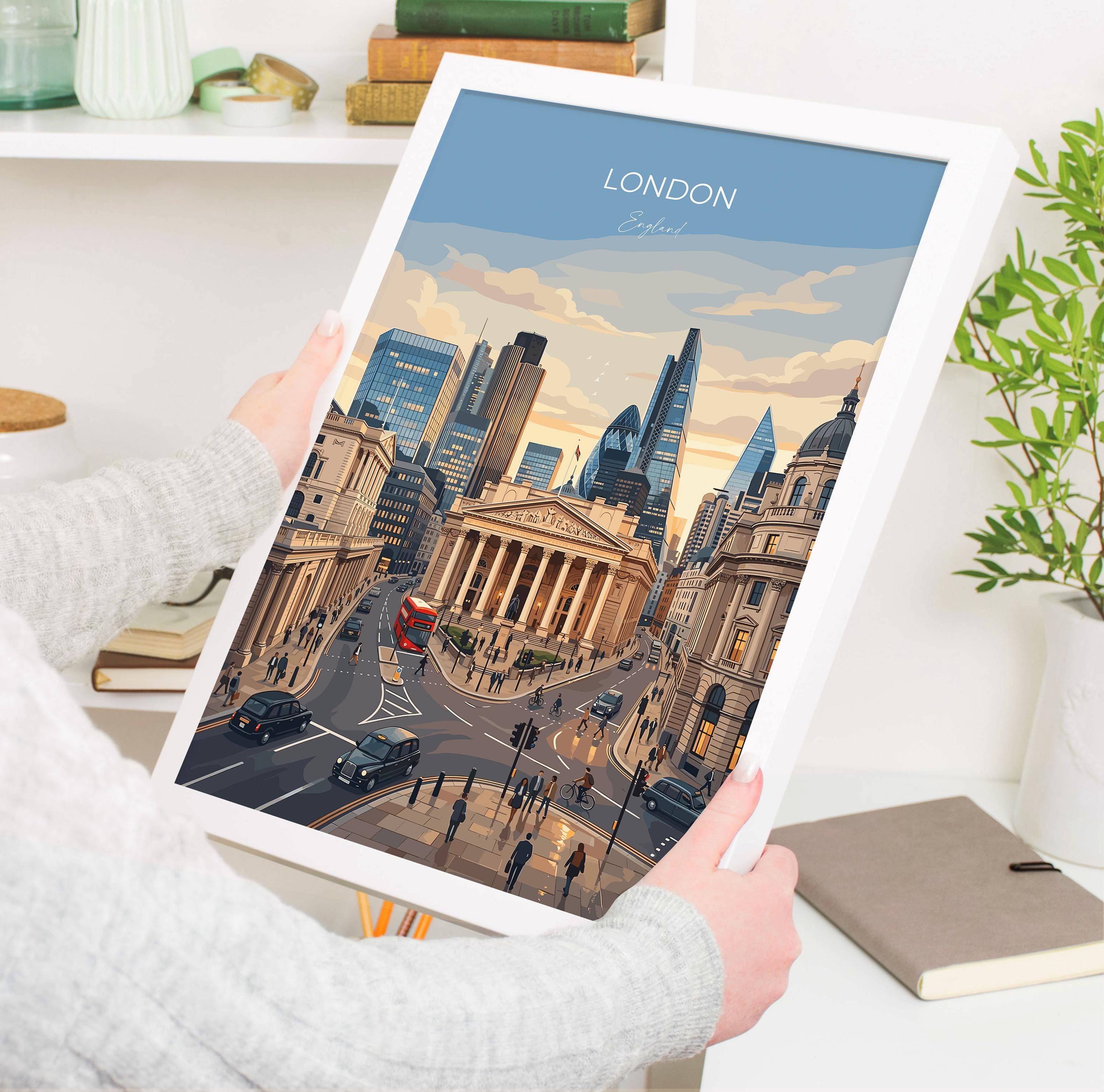 City of London Travel Print, Bank Junction Wall Art, Historic Financial District Poster, London Cityscape Illustration, Vintage UK Decor