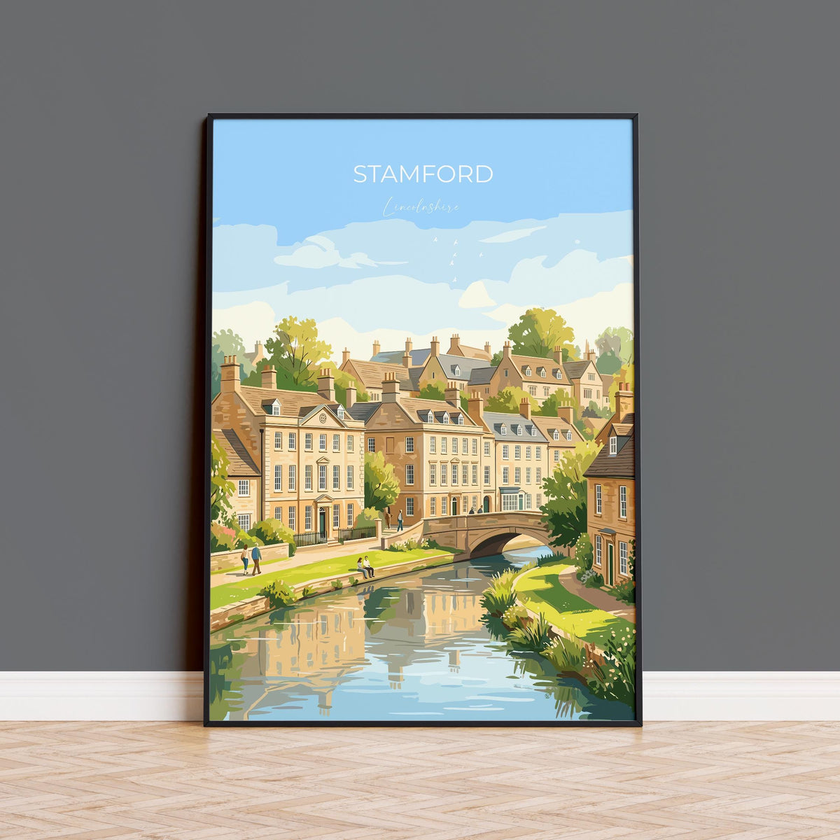 Stamford Lincolnshire Travel Print, Historic Market Town Wall Art, River Welland Poster, Georgian Architecture, Vintage Style UK Decor