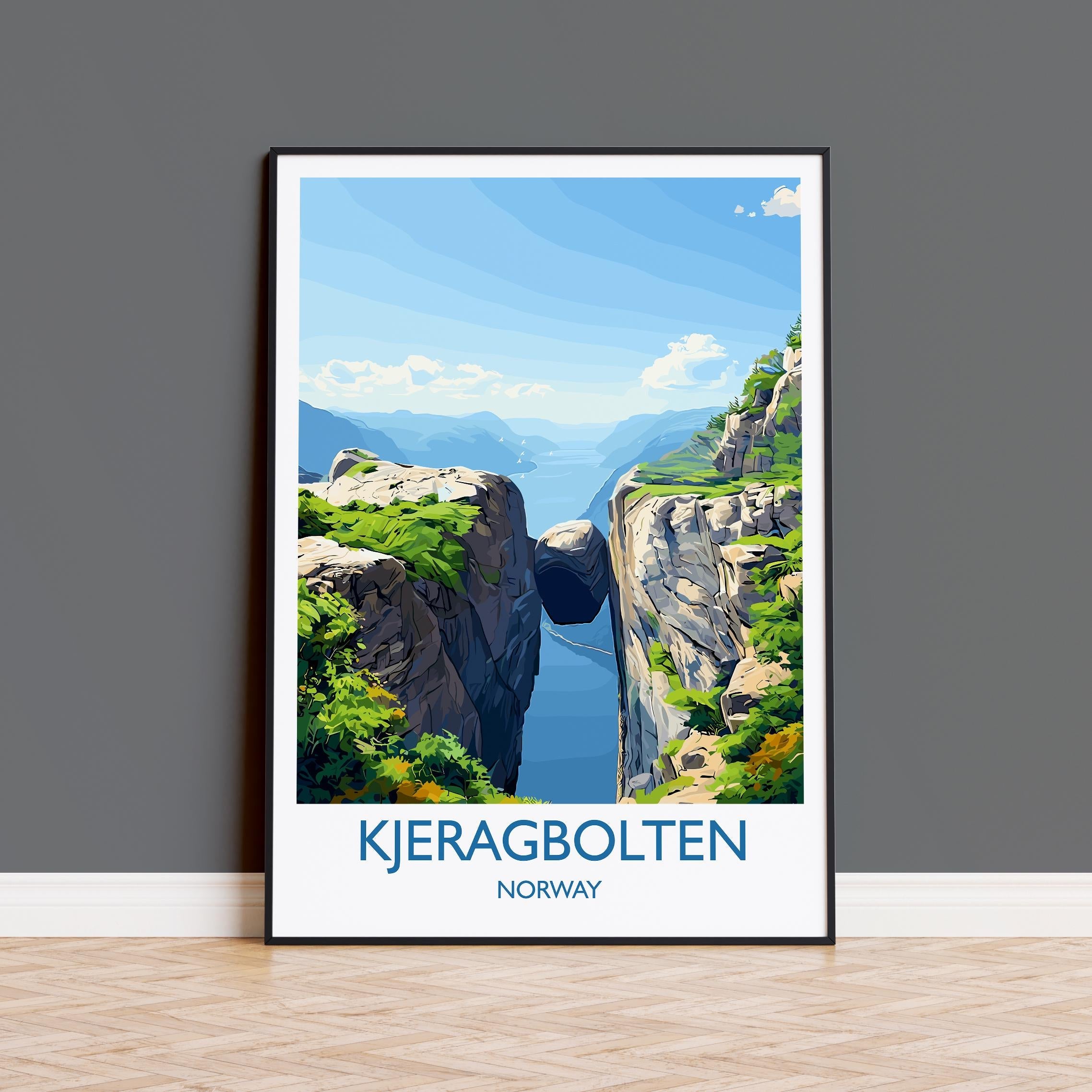 Kjeragbolten Travel Print, Travel Poster of Fjords, Norway Poster, Kjeragbolten Art Gift, Norway Art Lovers Travel Gift NQ Media Designs