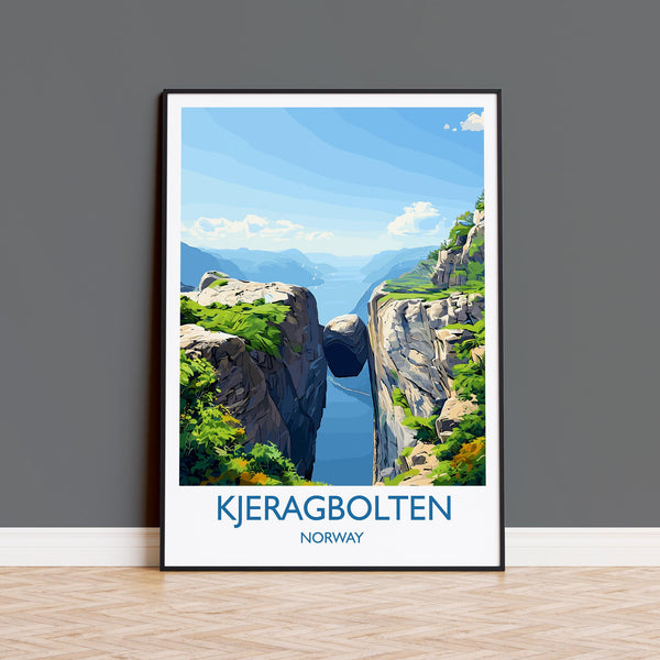Kjeragbolten Travel Print, Travel Poster of Fjords, Norway Poster, Kjeragbolten Art Gift, Norway Art Lovers Travel Gift