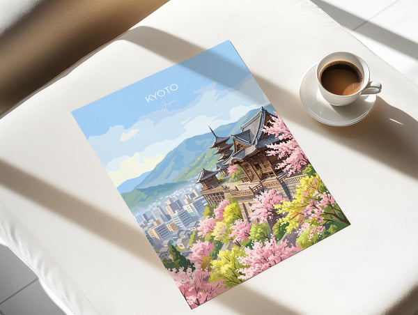 Kyoto Japan Travel Print, Cherry Blossom Temple Wall Art, Japanese Landscape Poster, Sakura Illustration, Asia Decor, Kyoto Gift