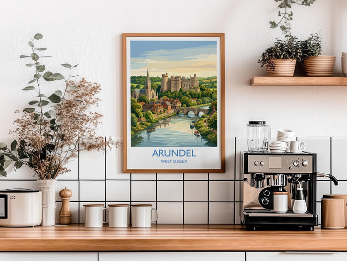 Arundel Castle Travel Poster, Arundel Cathedral River View Wall Art, West Sussex Print, Historic Town Illustration, Vintage Style UK Decor