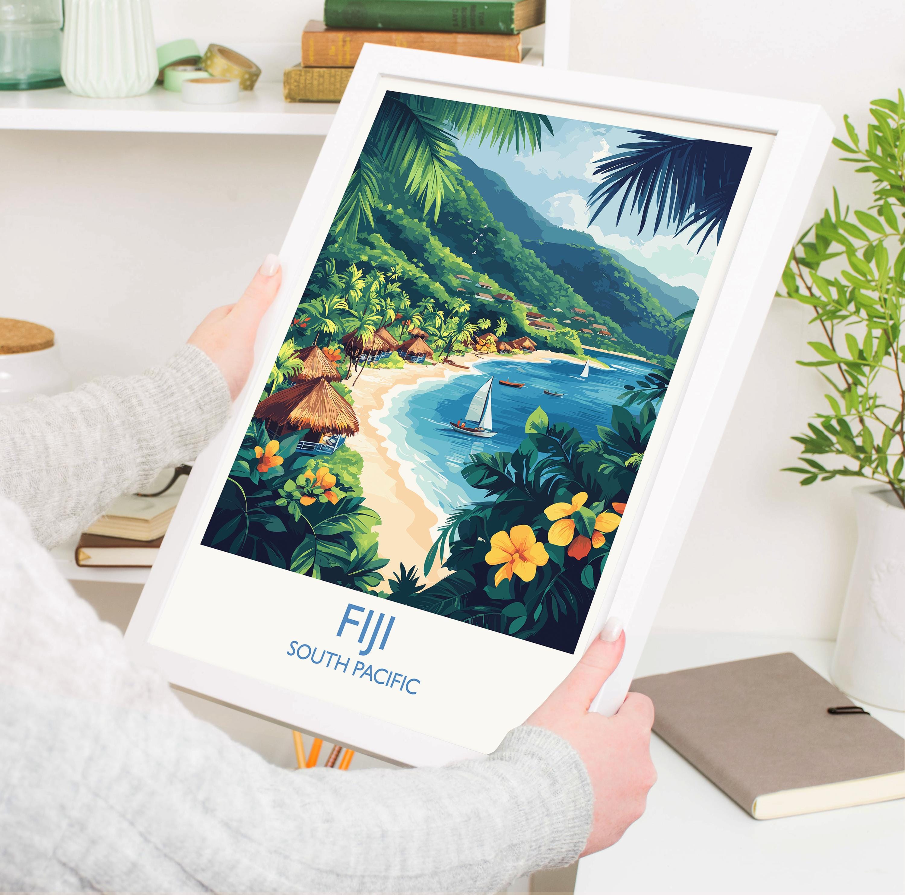 Fiji Travel Poster Wall Art, Travel Print of Fiji, South Pacific Islands Art Lovers Gift NQ Media Designs