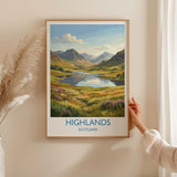 Scottish Highlands Travel Poster, Scotland Landscape Wall Art, Mountain & Loch Print, Dramatic Nature Illustration, UK Decor, Scotland Gift