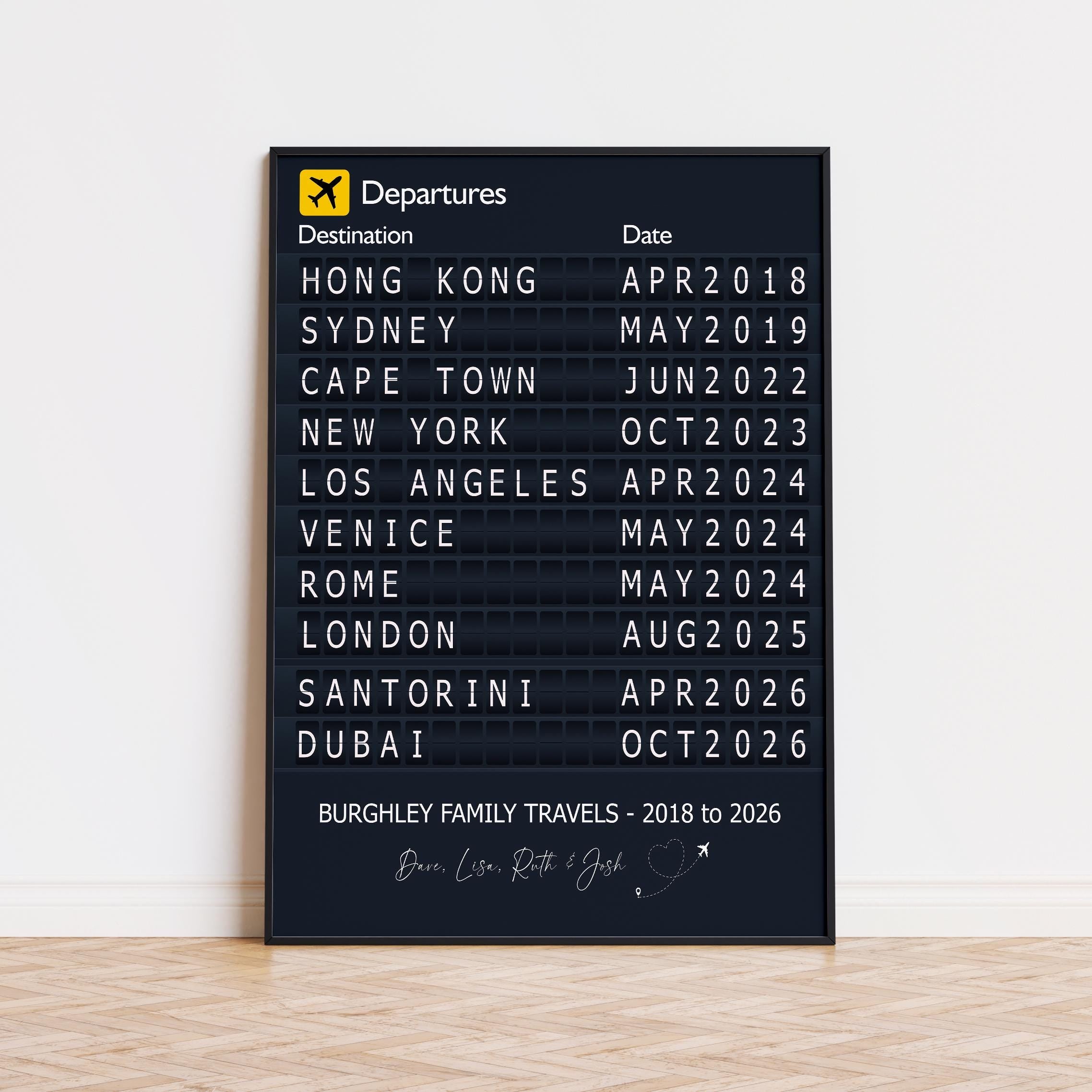 Favourite Places Travel Gift, Travel Destinations, Airport Departure Print Wall Art, Personalised Memories Poster, Holiday Art Lovers Gift NQ Media Designs