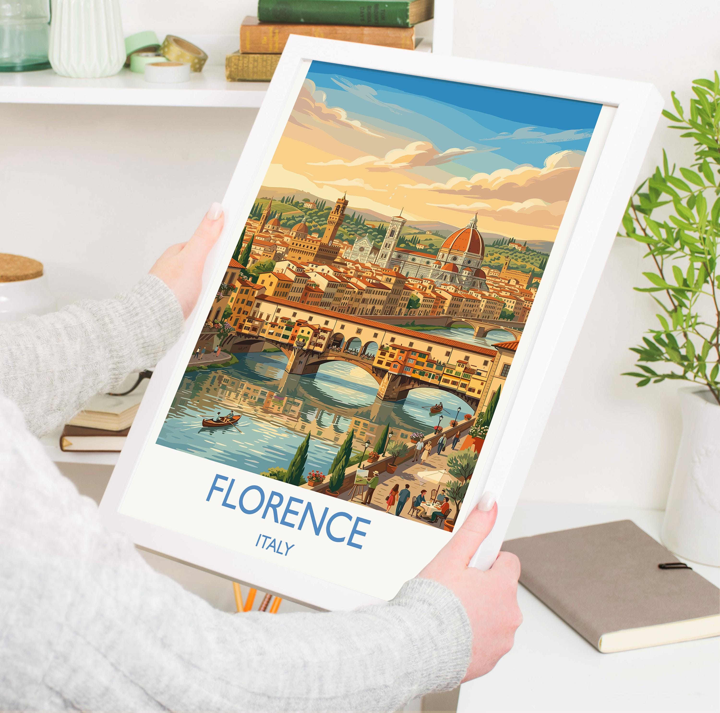 Florence Italy Travel Poster, Duomo Wall Art, Ponte Vecchio Print, Tuscany Skyline Illustration, Vintage Style Italian Decor