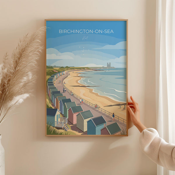 Birchington on Sea Travel Poster, Reculver Towers Beach Huts Wall Art, Kent Coast Print, Seaside Landscape Illustration, UK Coastal Decor