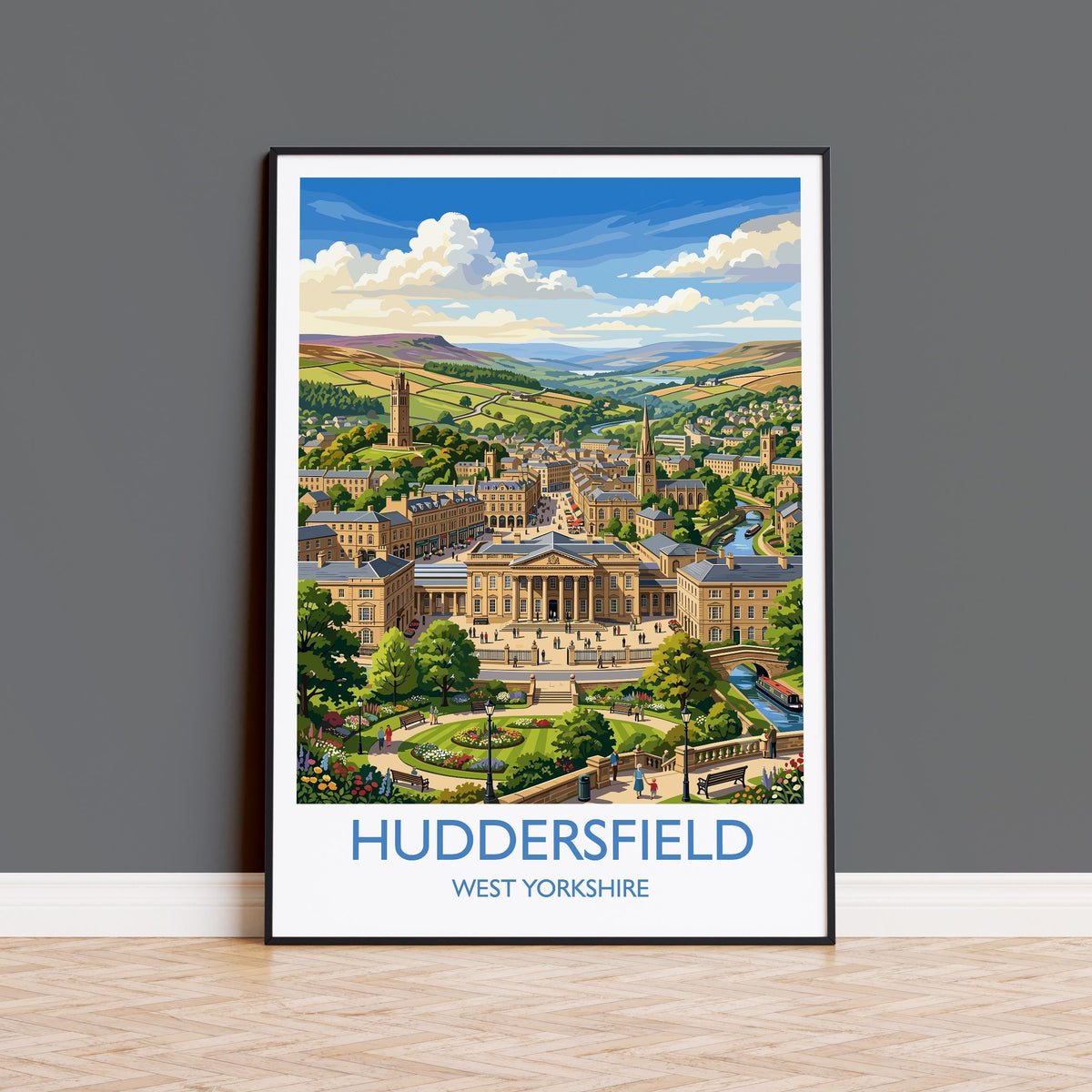 Huddersfield West Yorkshire Travel Poster, Victoria Tower Wall Art, Historic Town Print, Castle Hill Illustration, Vintage Style UK Decor