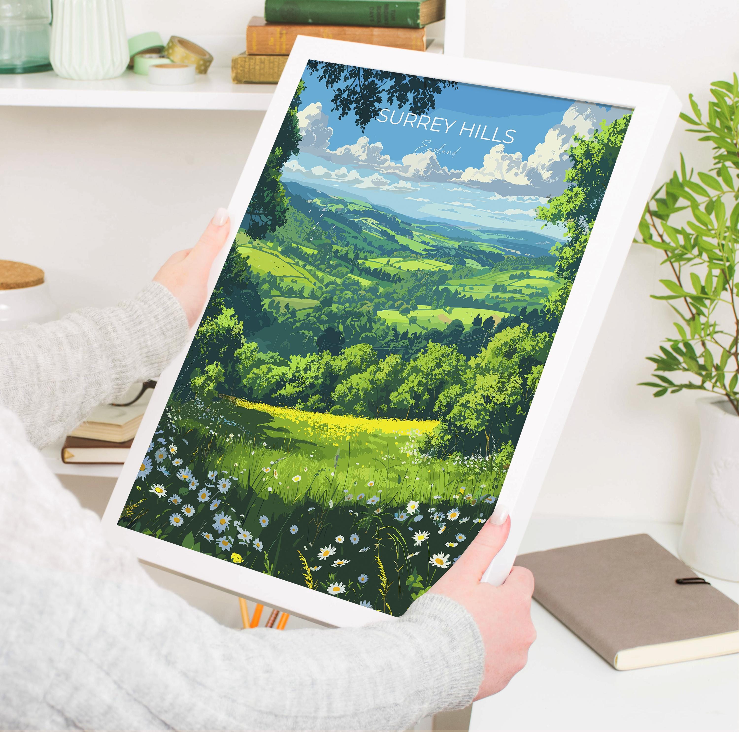 Surrey Hills Travel Print Wall Art, Surrey Hills Travel Poster, English Countryside Art Gift, Wall Art Print NQ Media Designs