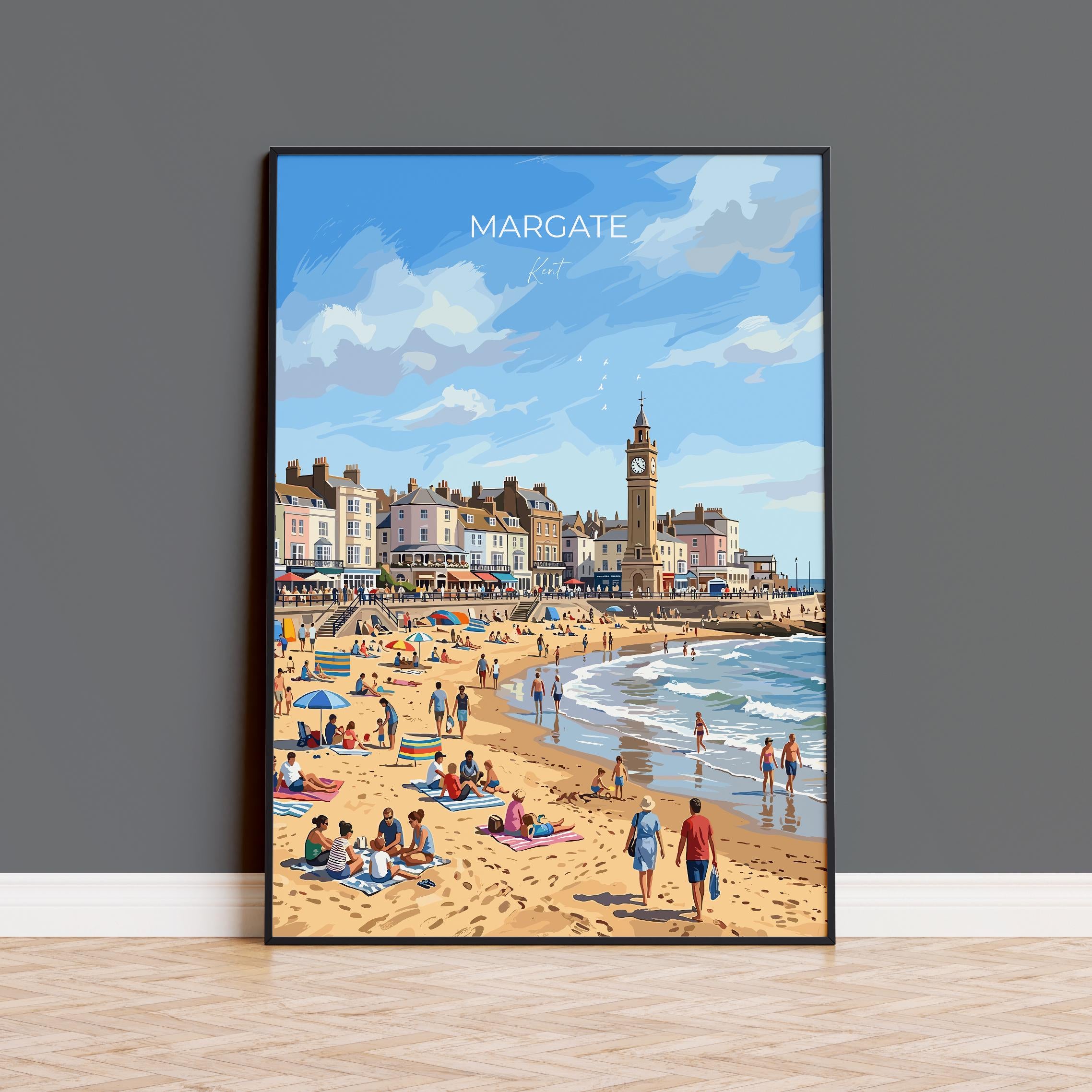 Margate Travel Print, Margate Beach Clock Tower Wall Art, Kent Seaside Poster, Promenade Illustration, Vintage Style UK Coastal Decor