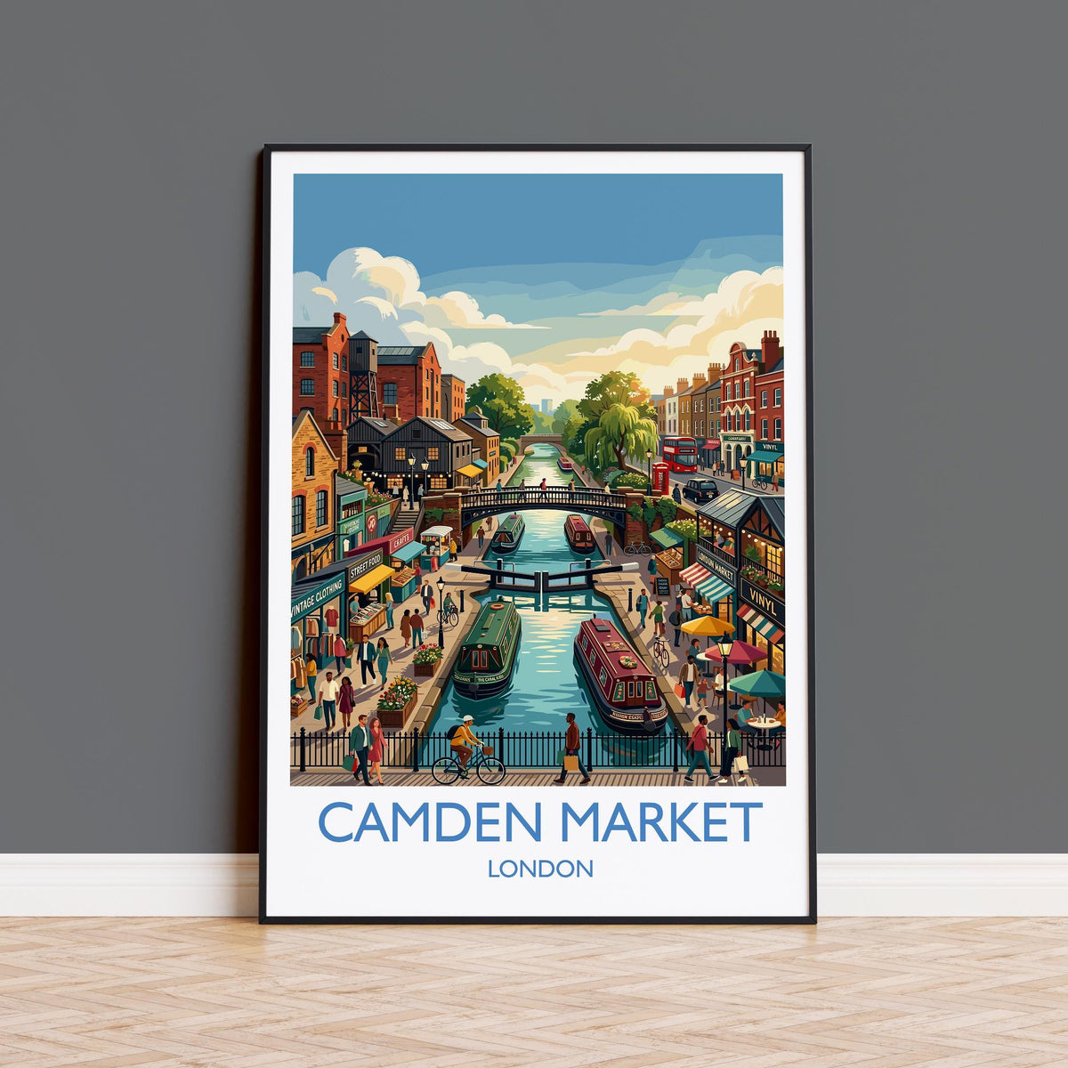 Camden Market London Print, Camden Lock Wall Art with Border, Camden Town Poster, Colourful Market Print, London Travel Print