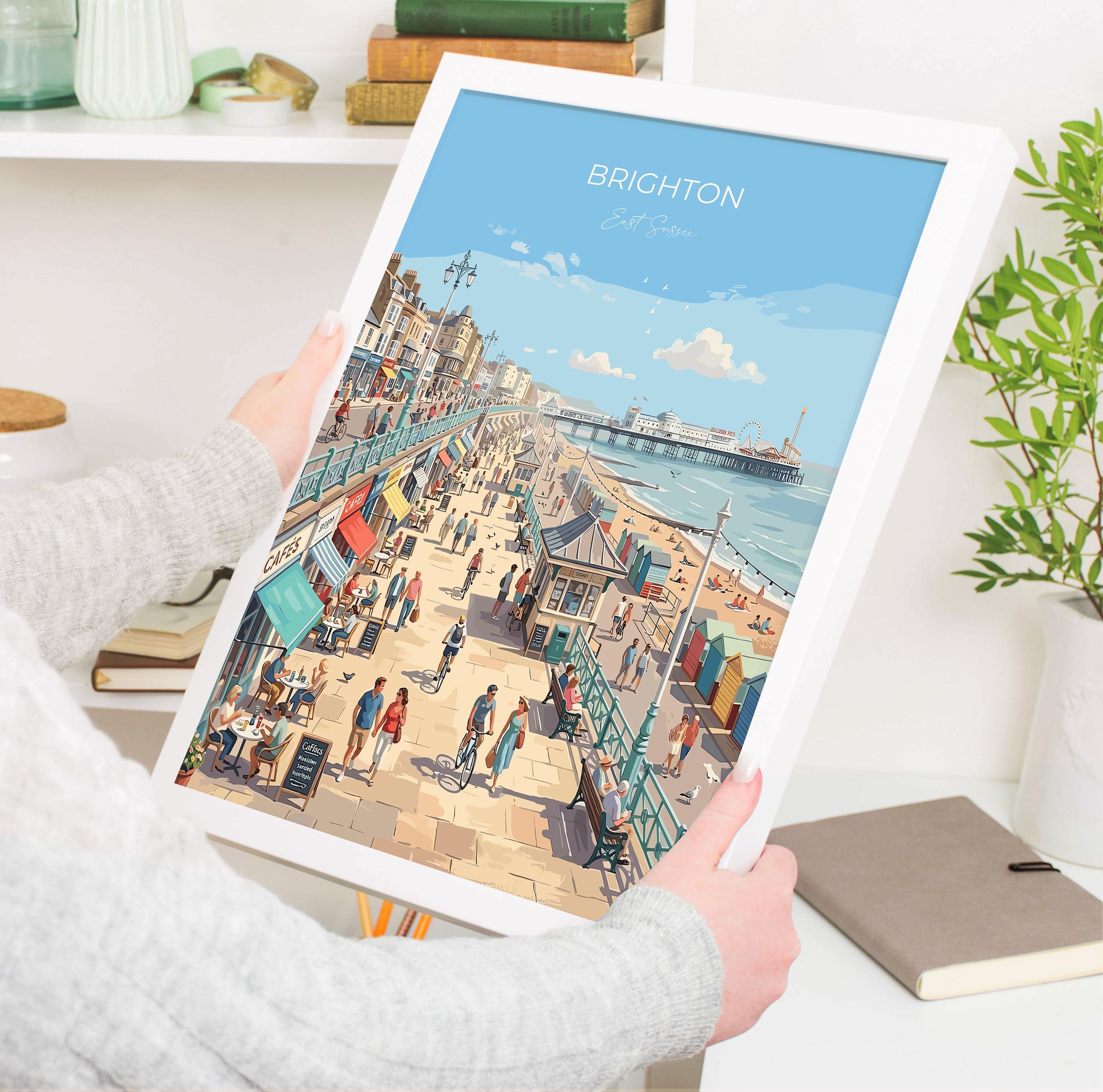 Brighton Travel Print, Brighton Pier Wall Art, Seaside Poster UK, Royal Pavilion Illustration, Vintage Style Coastal Decor, Brighton Gift NQ Media Designs