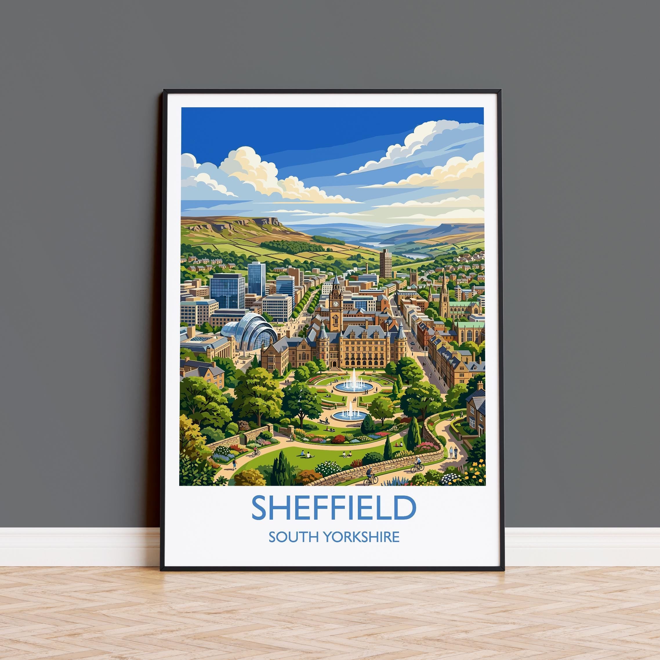 Sheffield South Yorkshire Travel Poster, Sheffield Skyline Wall Art, Winter Garden Print, England City Illustration, Vintage Style UK Decor
