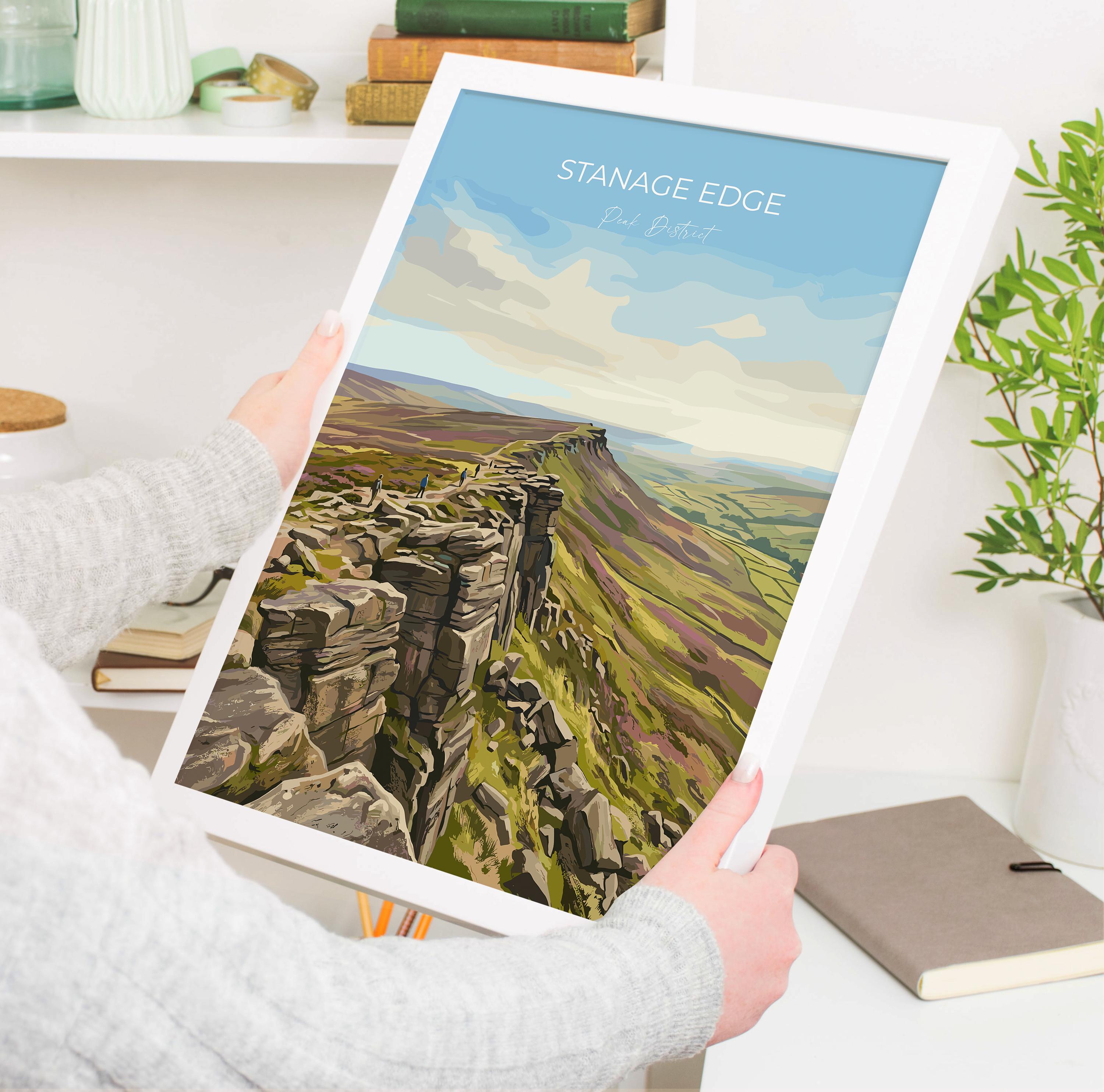 Stanage Edge Travel Print, Peak District Wall Art, Derbyshire Landscape Poster, Gritstone Ridge Illustration, Vintage Style UK Nature Decor NQ Media Designs