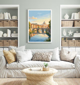 Rome Tiber River Travel Print, Rome Skyline Wall Art, Historic Bridge & Cityscape Poster, Italy Landscape Illustration, Europe Decor