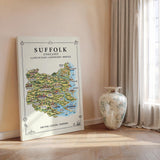 Suffolk Illustrated Map Print, England Wall Art, Suffolk Coast Map Poster, Framed or Canvas Print, Suffolk Gift