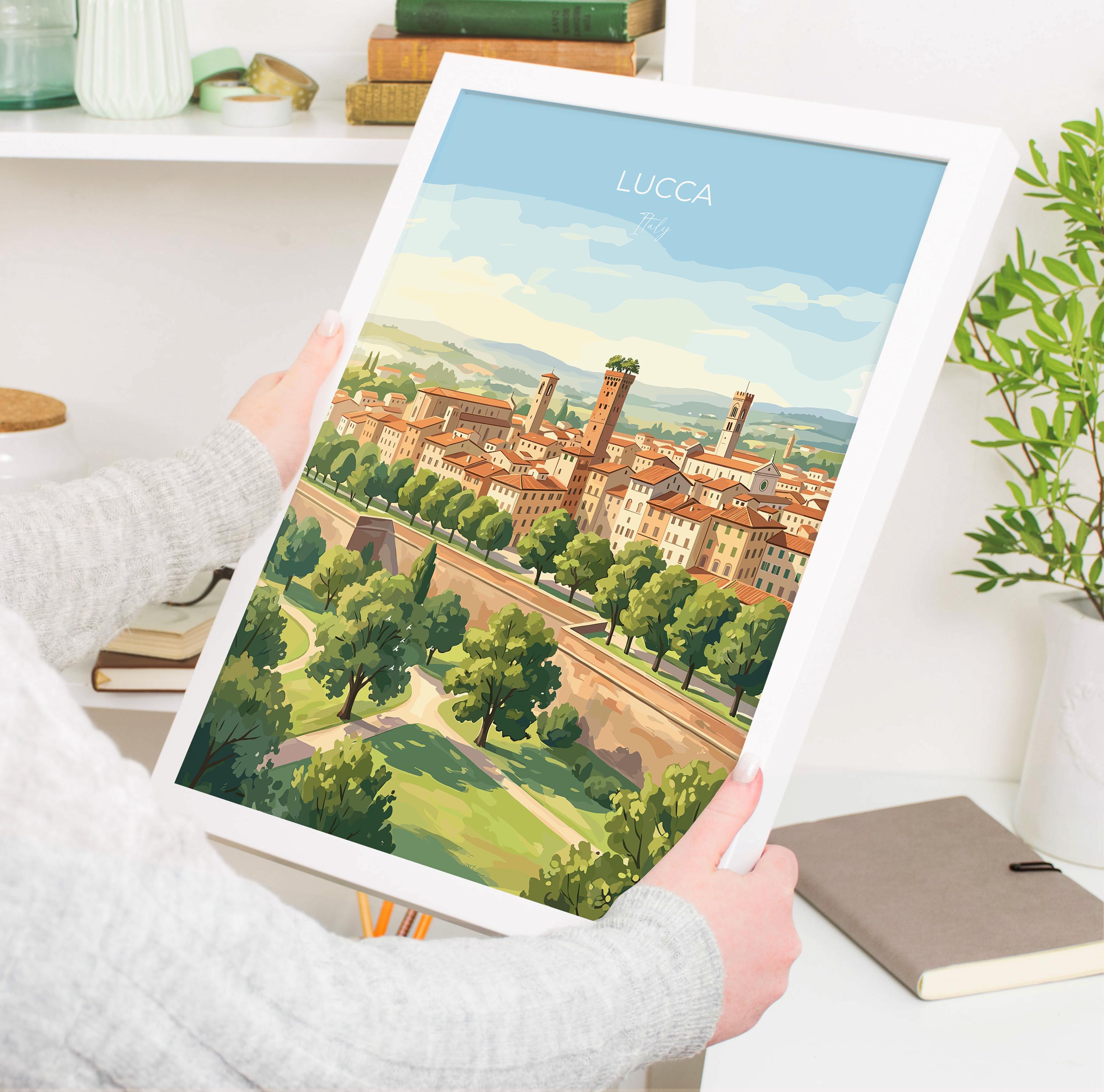 Lucca Italy Travel Print, Tuscany City Walls Wall Art, Historic Italian Town Poster, Medieval Architecture Illustration, Vintage Style Decor