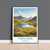Scottish Highlands Travel Poster, Scotland Landscape Wall Art, Mountain & Loch Print, Dramatic Nature Illustration, UK Decor, Scotland Gift