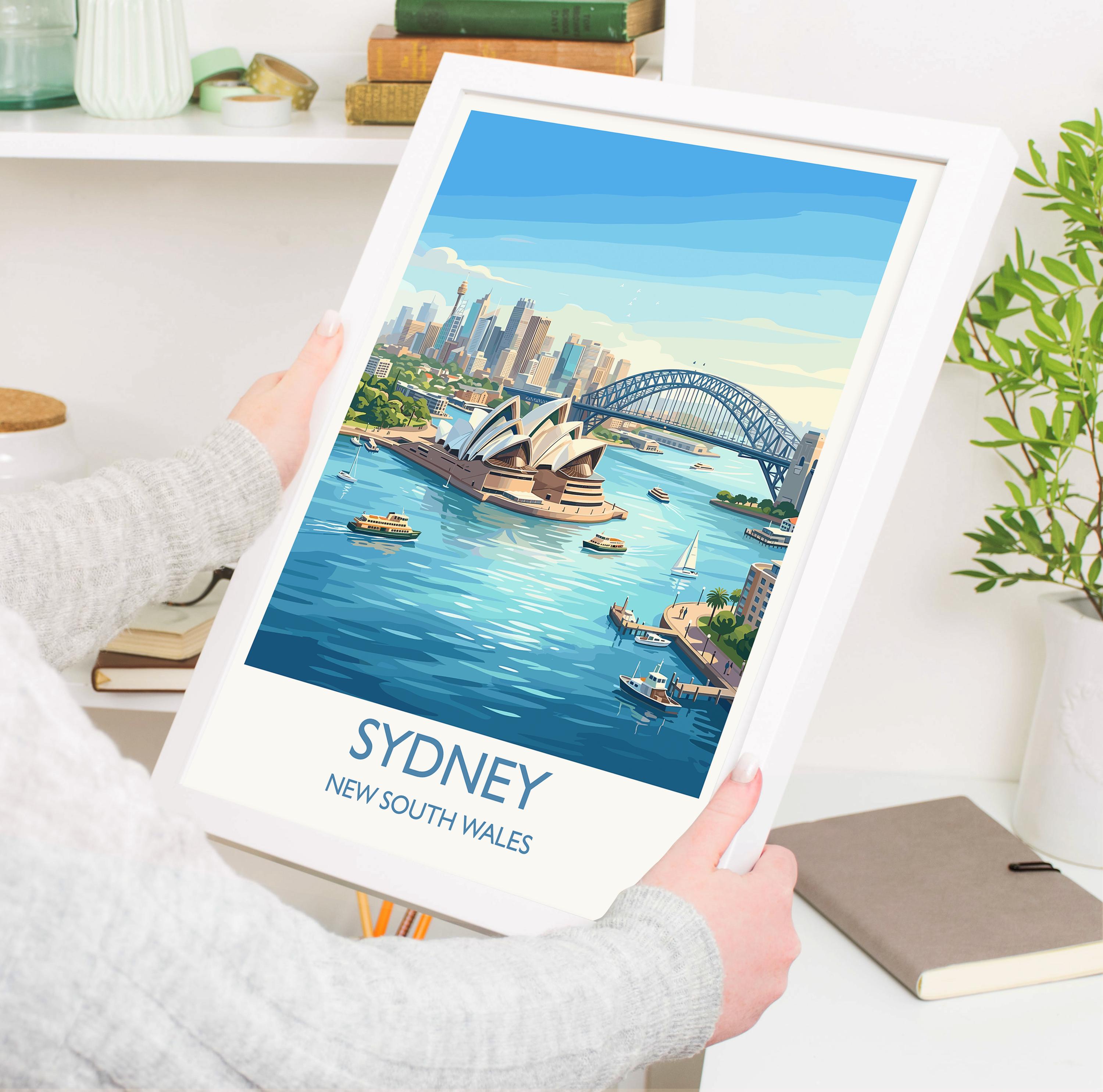 Sydney Australia Travel Poster, Sydney Opera House Wall Art, Harbour Bridge Print, Sydney Harbour Cityscape, Vintage Style Australia Decor