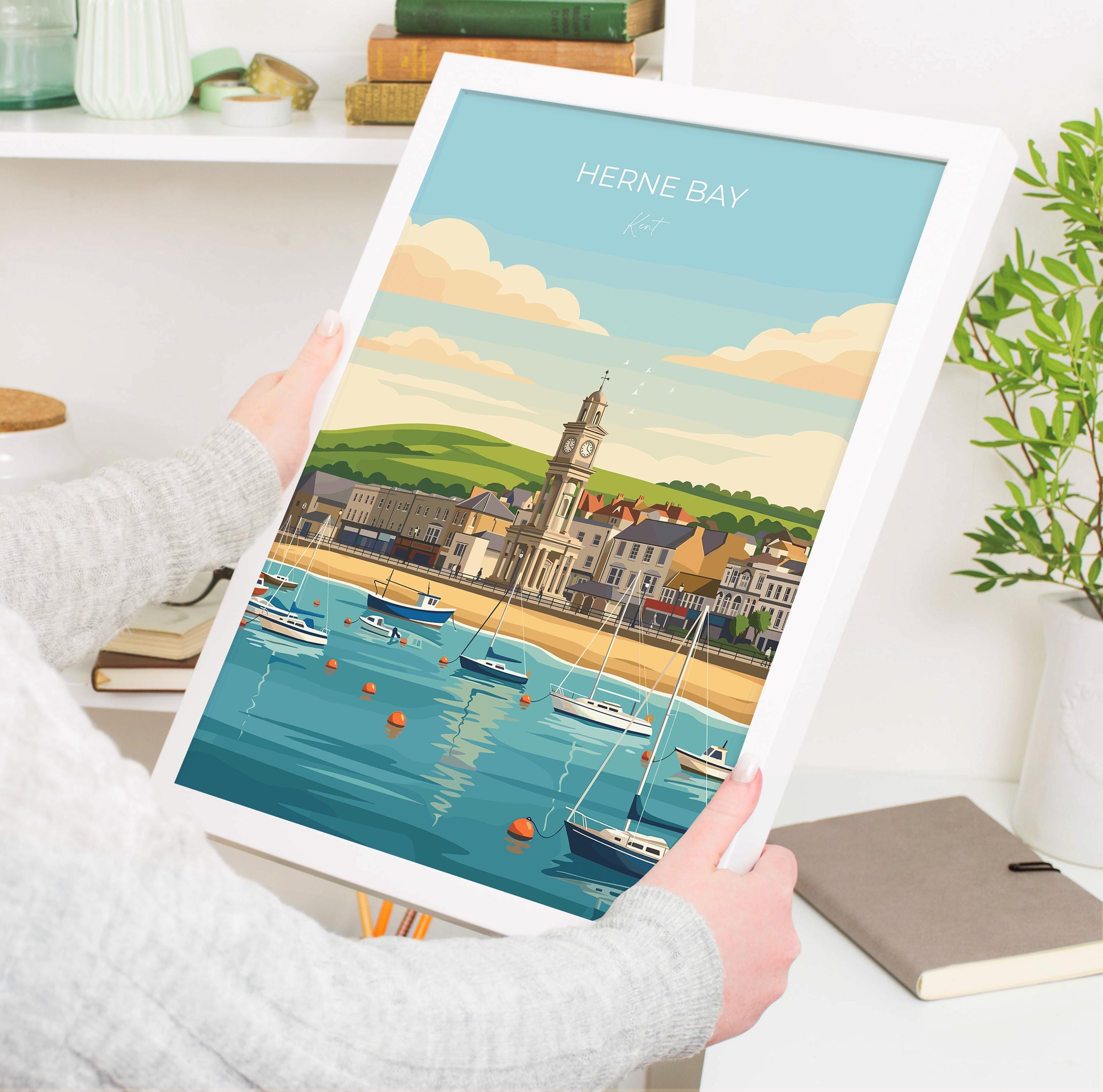 Herne Bay Travel Print, Kent Seaside Wall Art, Herne Bay Clock Tower Poster, Beachfront Illustration, Vintage Style UK Coastal Decor
