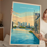 Canary Wharf London Travel Print, Royal Victoria Dock Wall Art, London Skyline Poster, O2 & Cable Car, East London Travel Poster