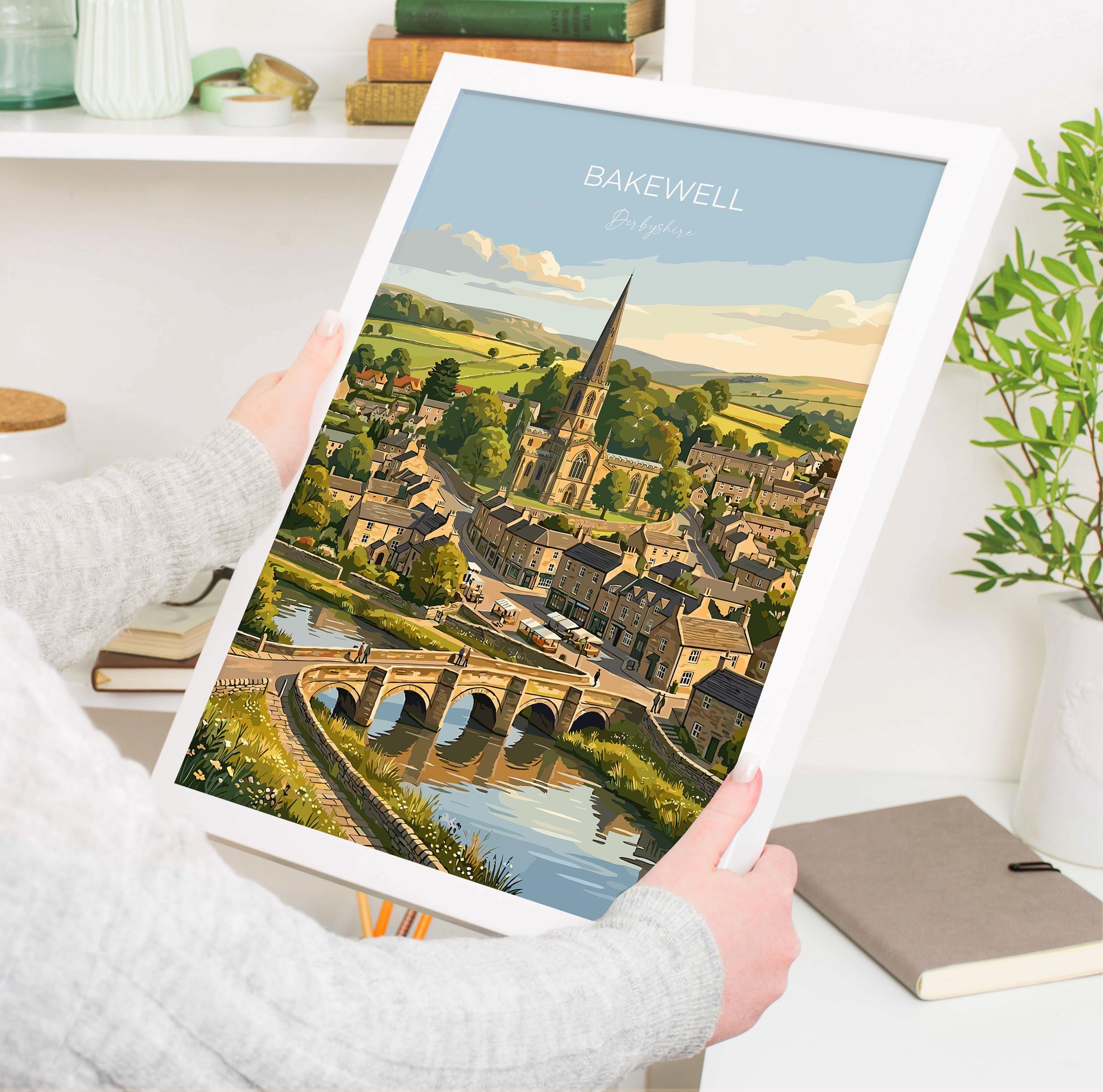 Bakewell Derbyshire Travel Print, Peak District Wall Art, River Wye Town Poster, Historic Market Town Illustration, Vintage Style UK Decor