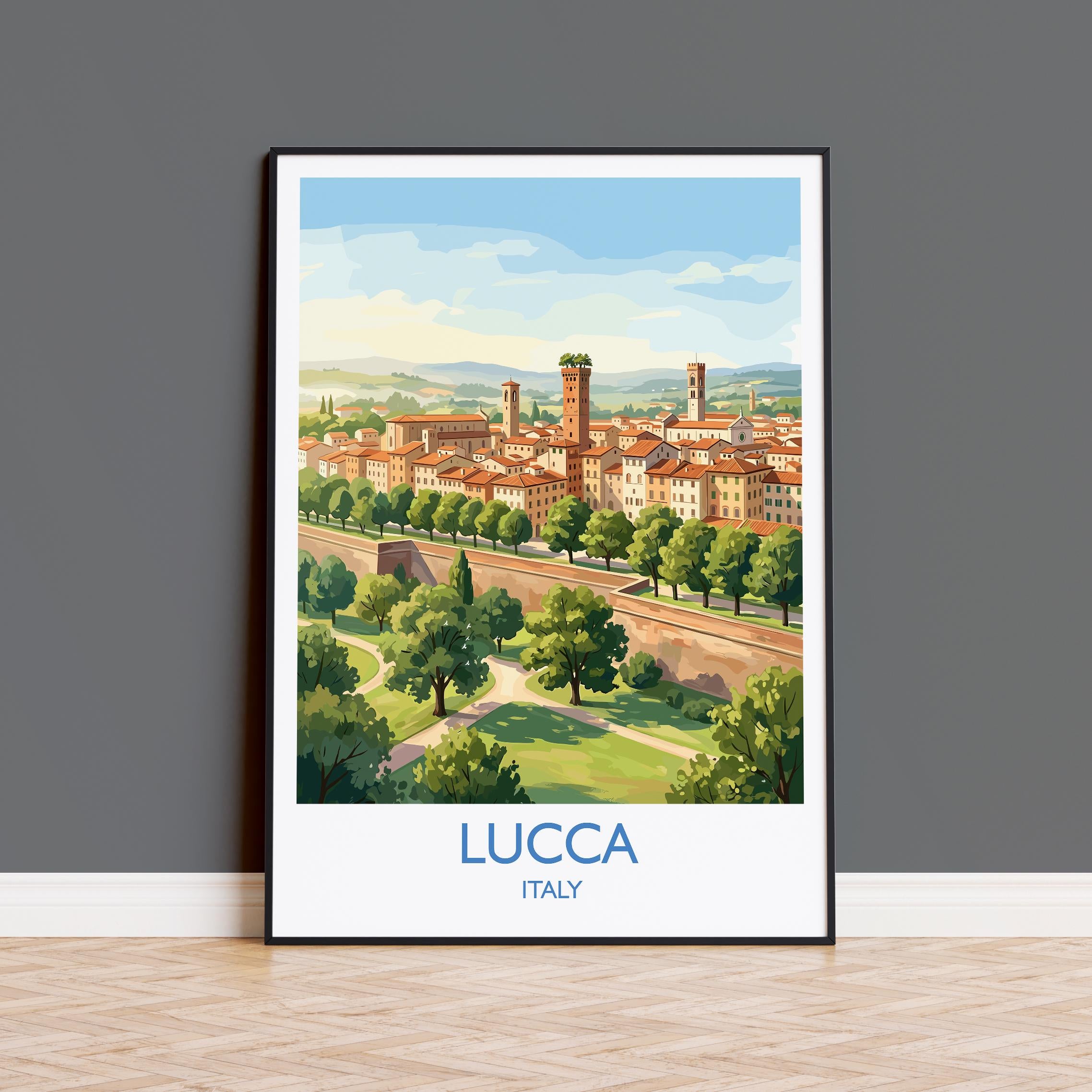 Lucca Italy Travel Poster, Tuscany City Walls Wall Art, Historic Italian Town Print, Medieval Architecture Illustration, Vintage Style Decor