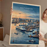 Southampton Port Travel Print, Southampton Docks Wall Art, Cruise Ship Harbour Poster, Historic Port Illustration, UK Coastal Decor