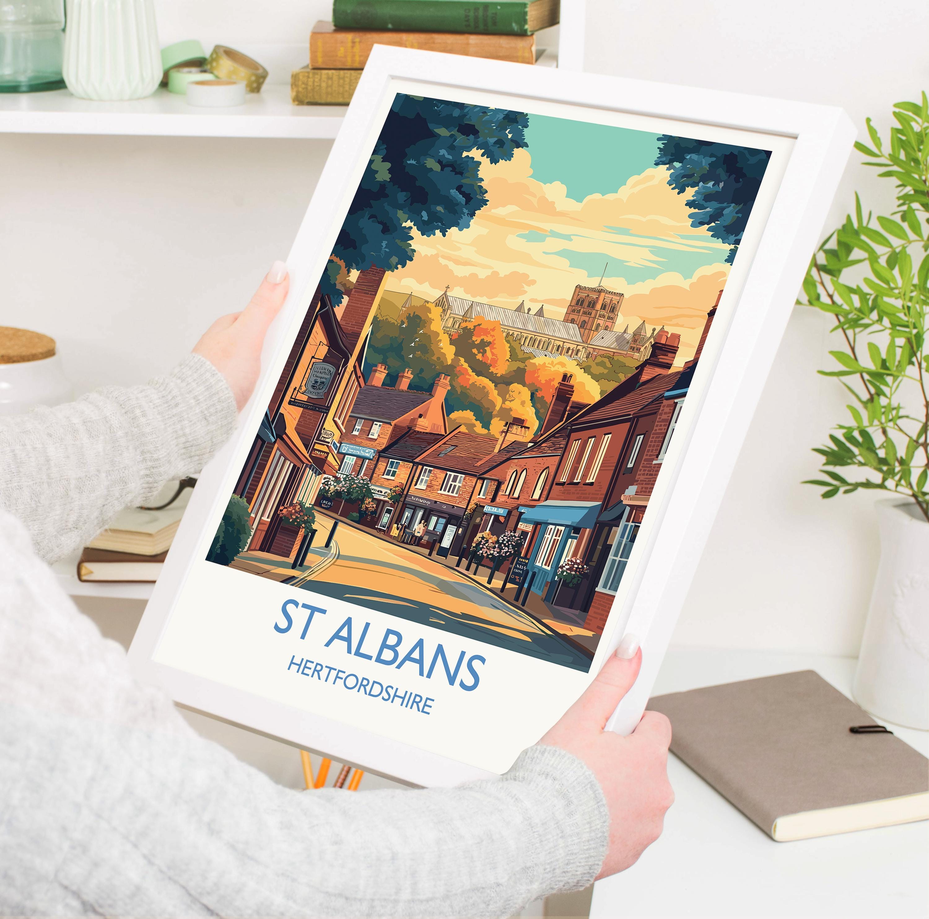 St Albans Travel Poster Wall Art, Travel Print of St Albans, Hertfordshire, England, English Cathedral City Gift NQ Media Designs