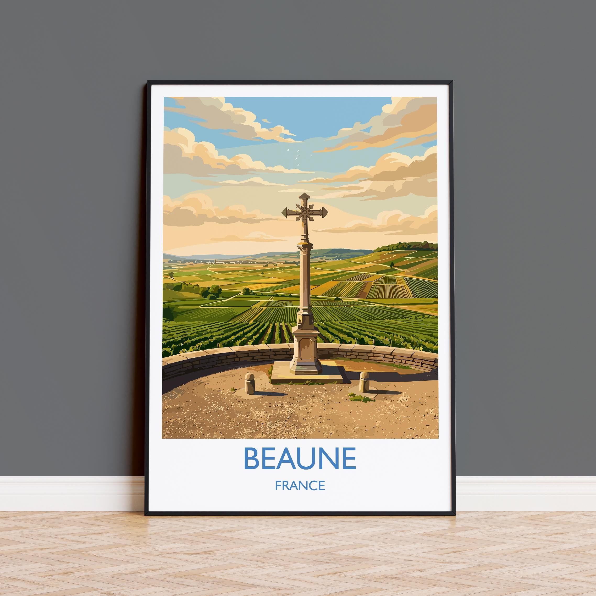 Beaune France Travel Poster, Burgundy Vineyards Wall Art, Croix de Charlemagne Print, French Wine Country Illustration, Vintage Europe Decor