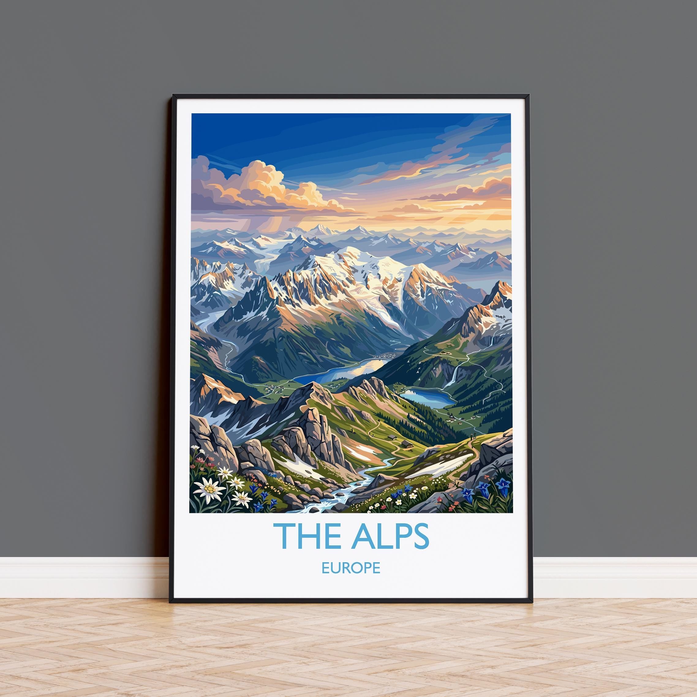 The Alps Europe Travel Poster, Alpine Mountains Wall Art, Snow-Capped Peaks Print, European Landscape Illustration, Vintage Mountain Decor