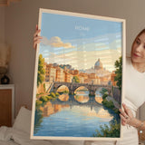 Rome Tiber River Travel Print, Rome Skyline Wall Art, Historic Bridge & Cityscape Poster, Italy Landscape Illustration, Europe Decor