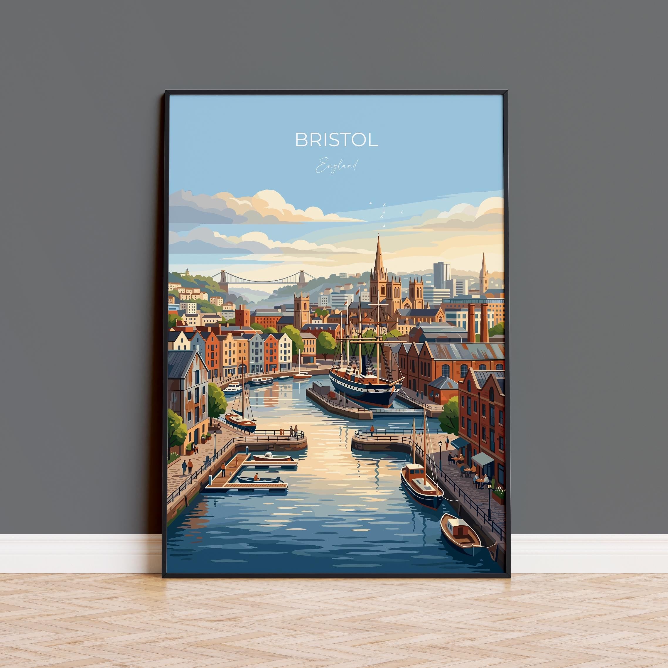 Bristol Travel Print, Clifton Suspension Bridge Wall Art, Bristol Skyline Poster, Historic Harbour City Illustration, Vintage Style UK Decor
