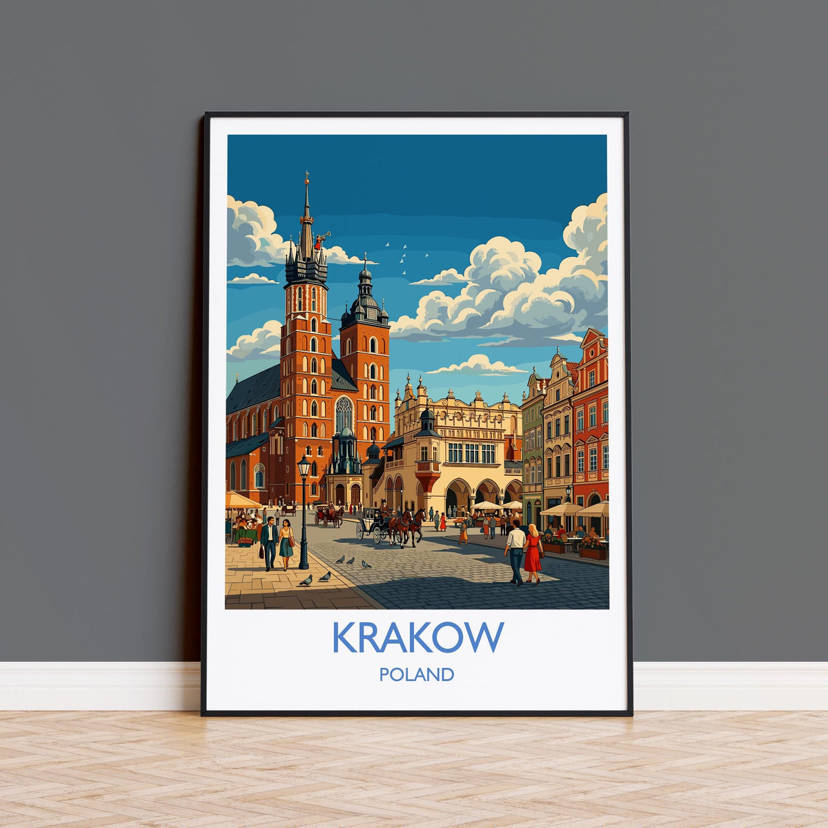 Krakow Poland Print, St Mary’s Basilica Wall Art with Border, Main Market Square Poster, Polish Travel Print, Krakow Gift