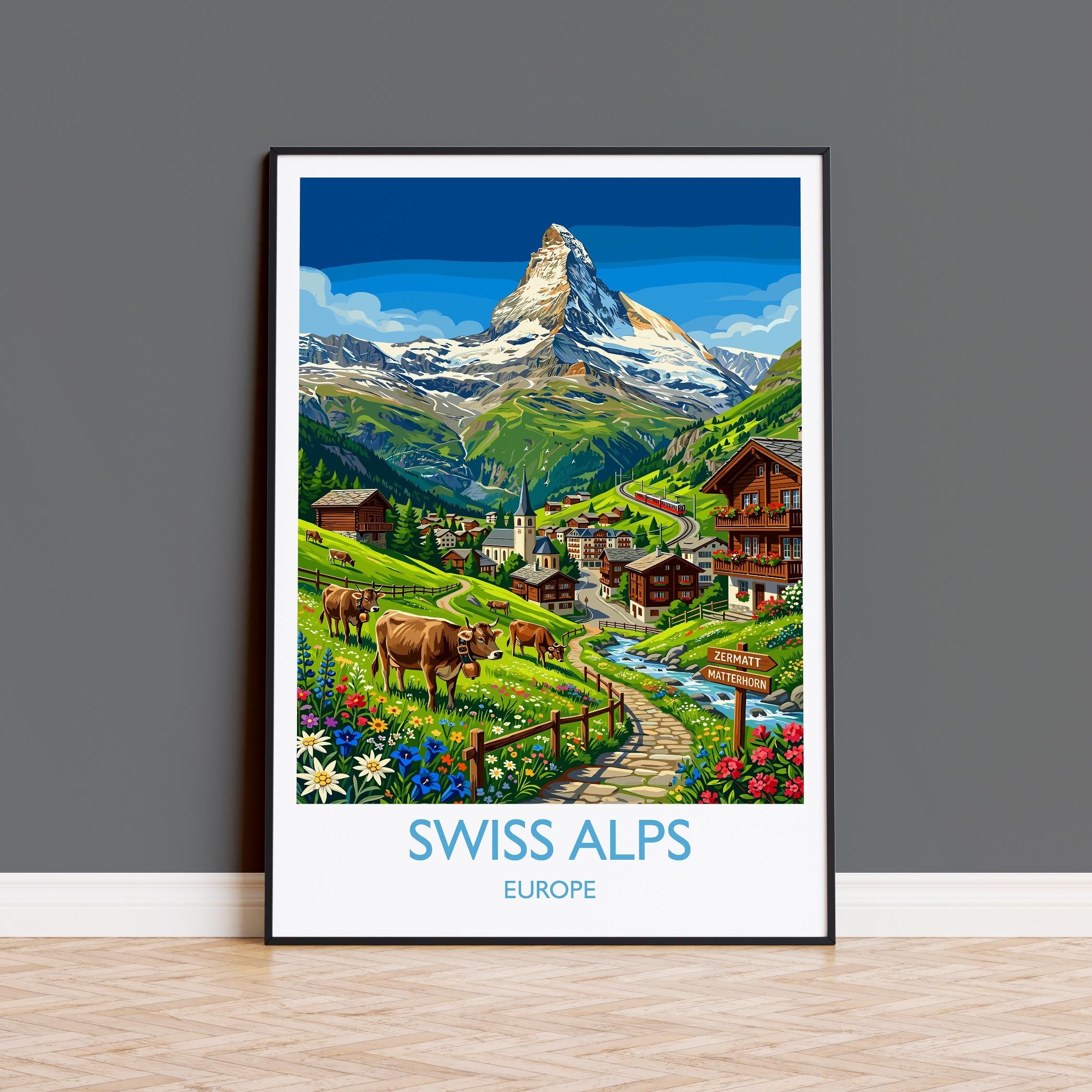 Swiss Alps Travel Poster, Switzerland Mountain Wall Art, Alpine Landscape Print, Snow-Capped Peaks Illustration, Vintage Style Europe Decor
