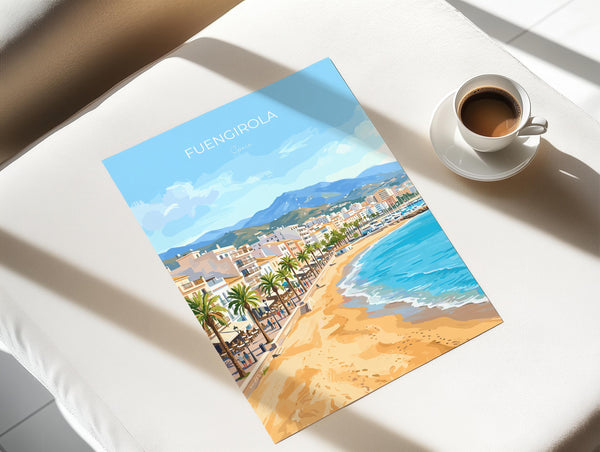 Fuengirola Spain Travel Print, Costa del Sol Beach Wall Art, Seaside Promenade Poster, Spanish Coastal Illustration, Holiday Decor