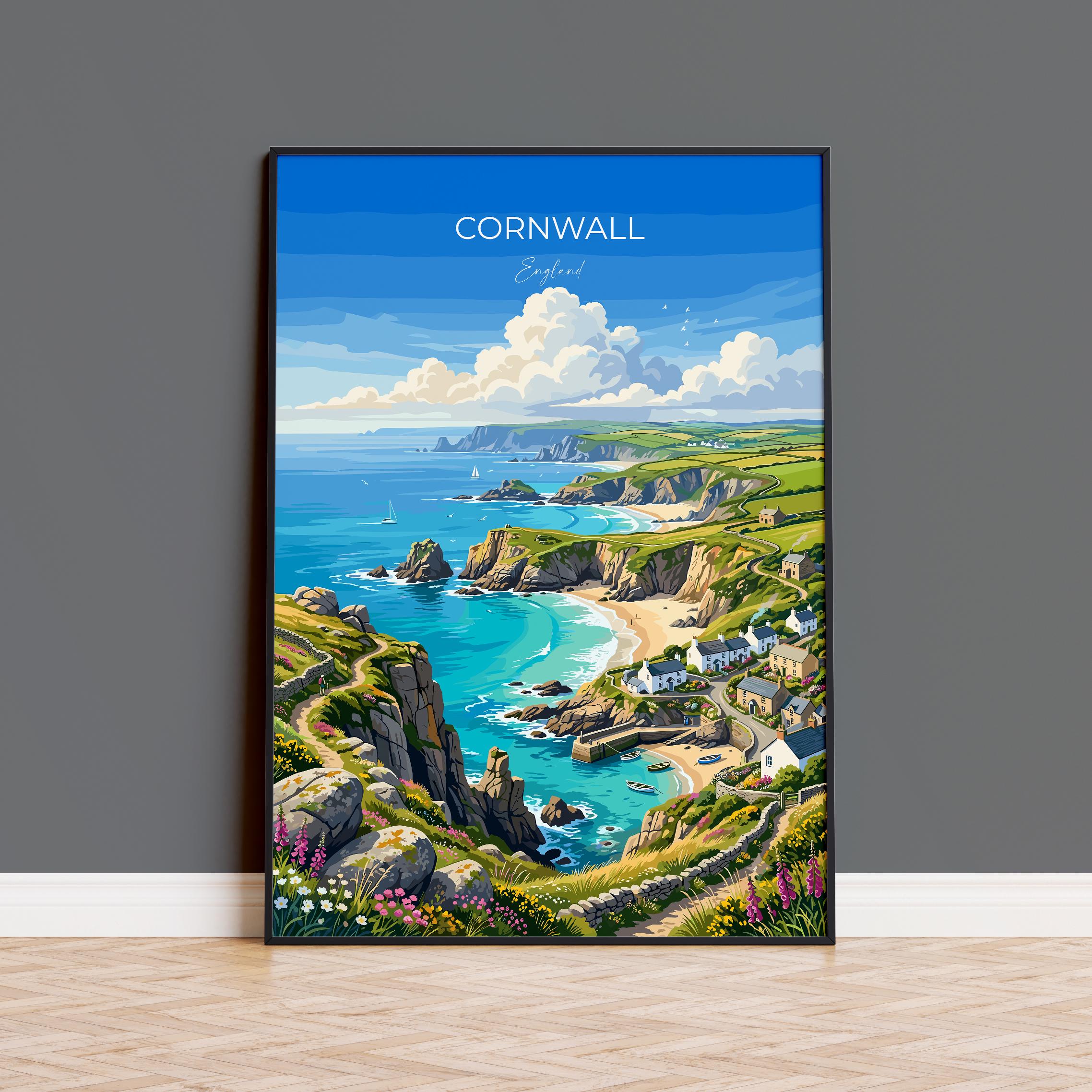 Cornwall England Travel Print, Cornish Coast Wall Art, Coastal Landscape Poster, Seaside Illustration, Vintage Style UK Decor