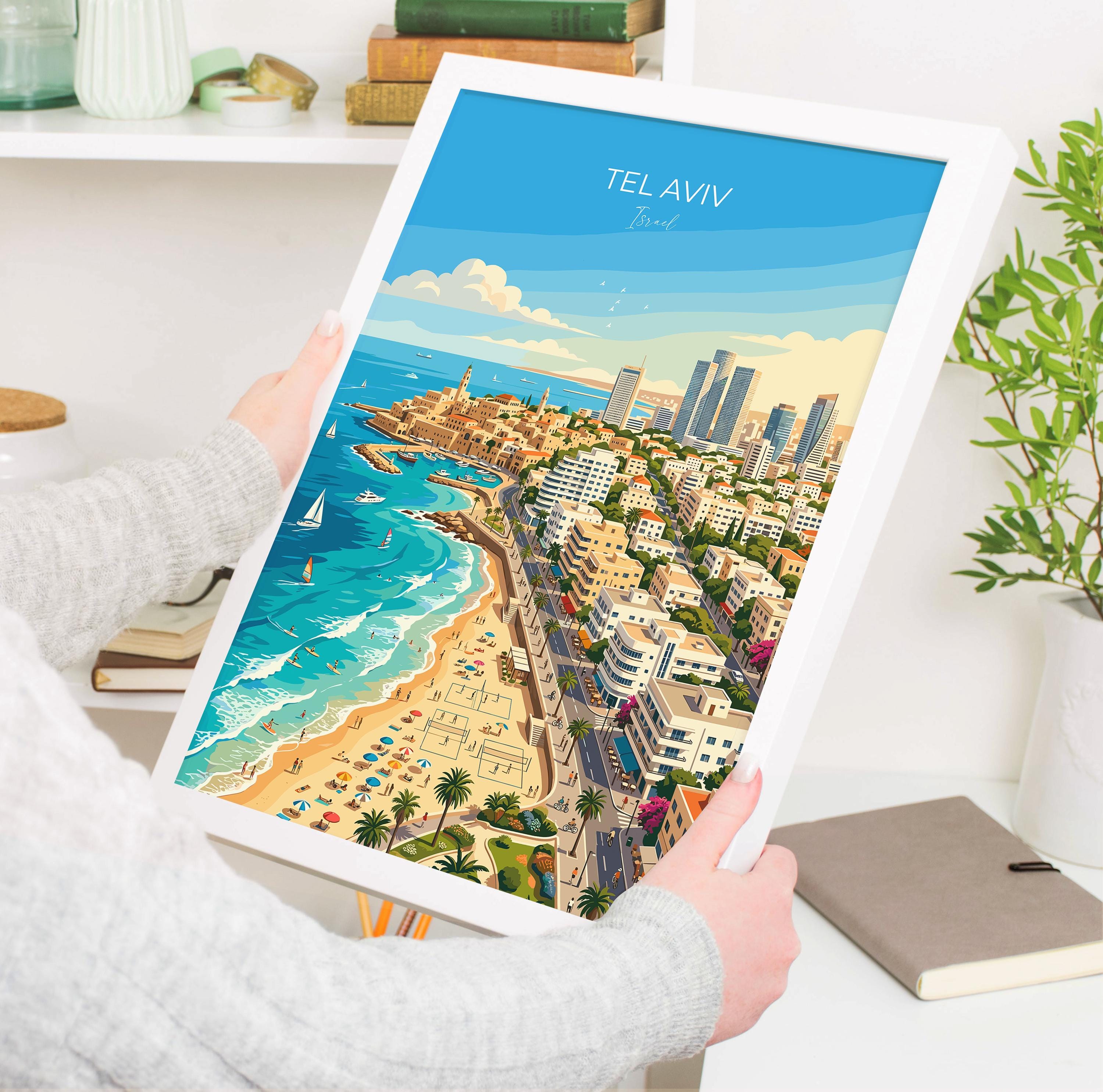 Tel Aviv Israel Travel Poster, Tel Aviv Skyline Wall Art, Mediterranean Beach Print, White City Illustration, Vintage Style Israel Decor