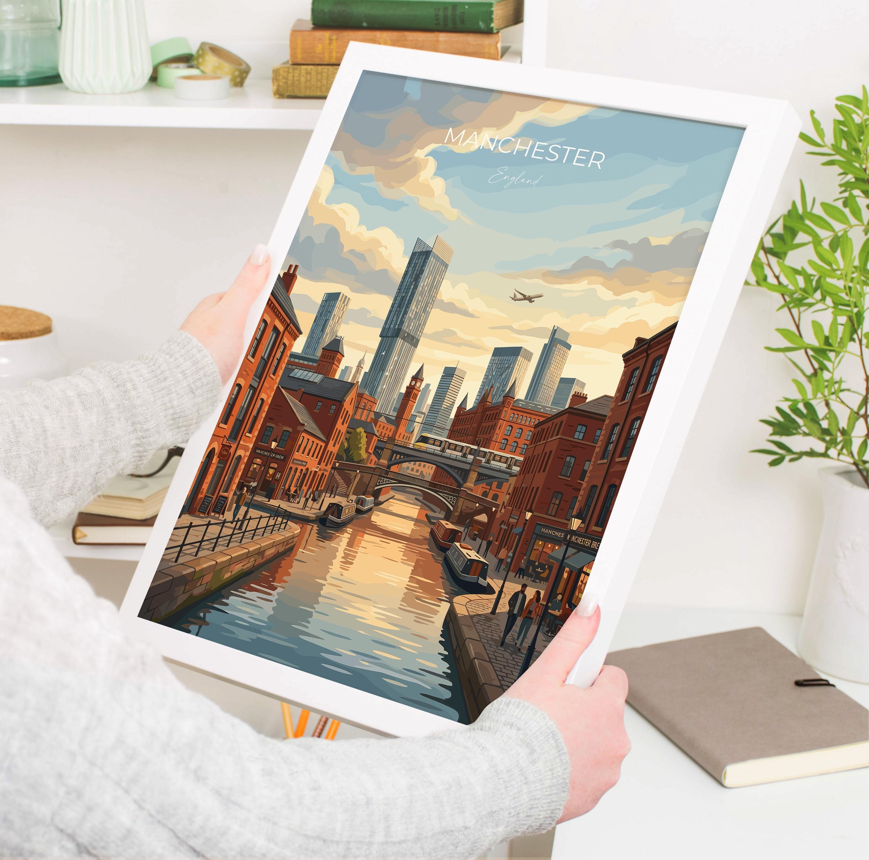 Manchester Travel Print, Manchester Canal Skyline Wall Art, Airport Aircraft Cityscape Poster, Modern UK City Art, Vintage Style Decor