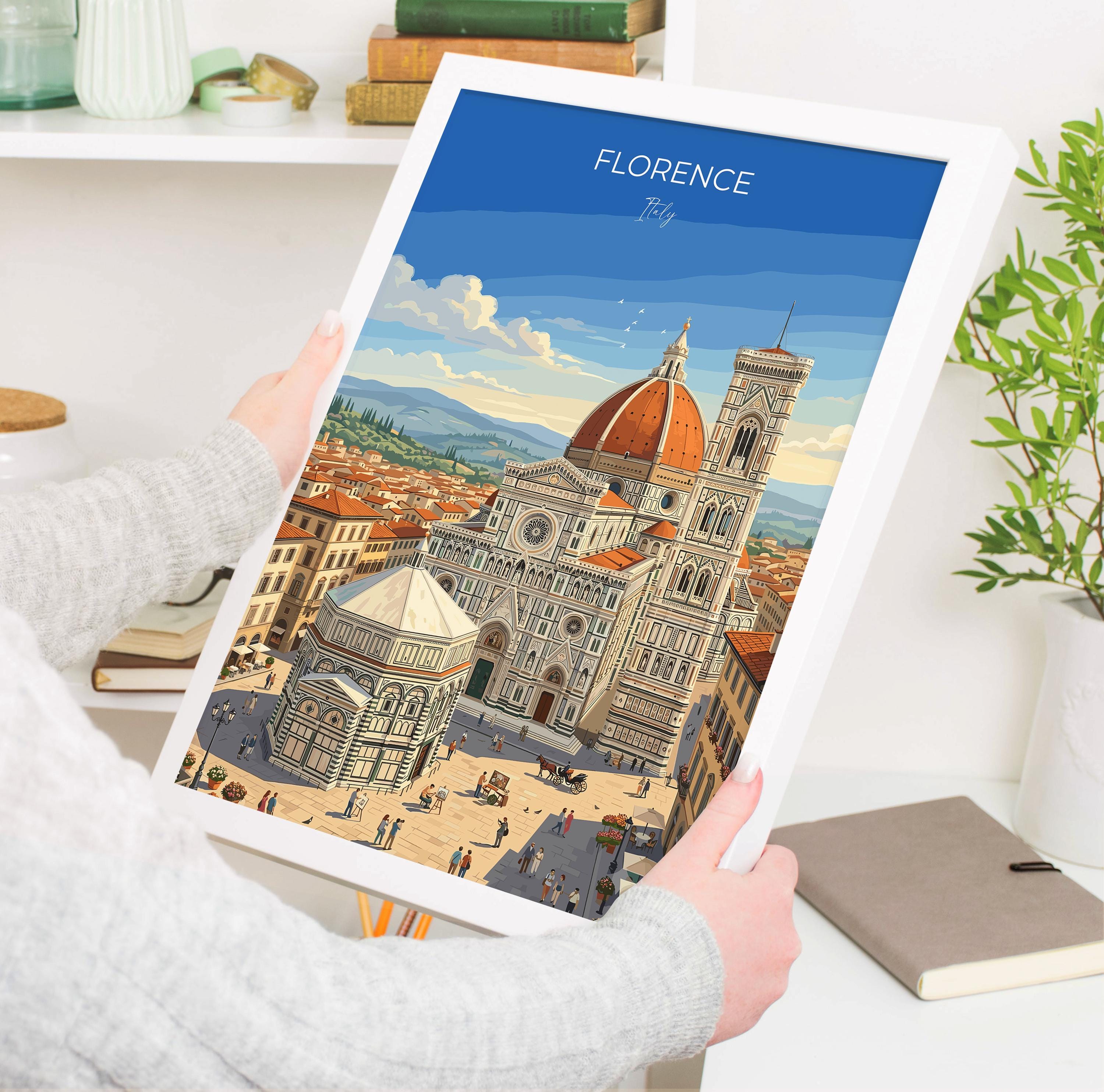 Florence Duomo Travel Print, Cathedral of Santa Maria del Fiore Wall Art, Piazza del Duomo Poster, Florence Italy Vintage Travel Print