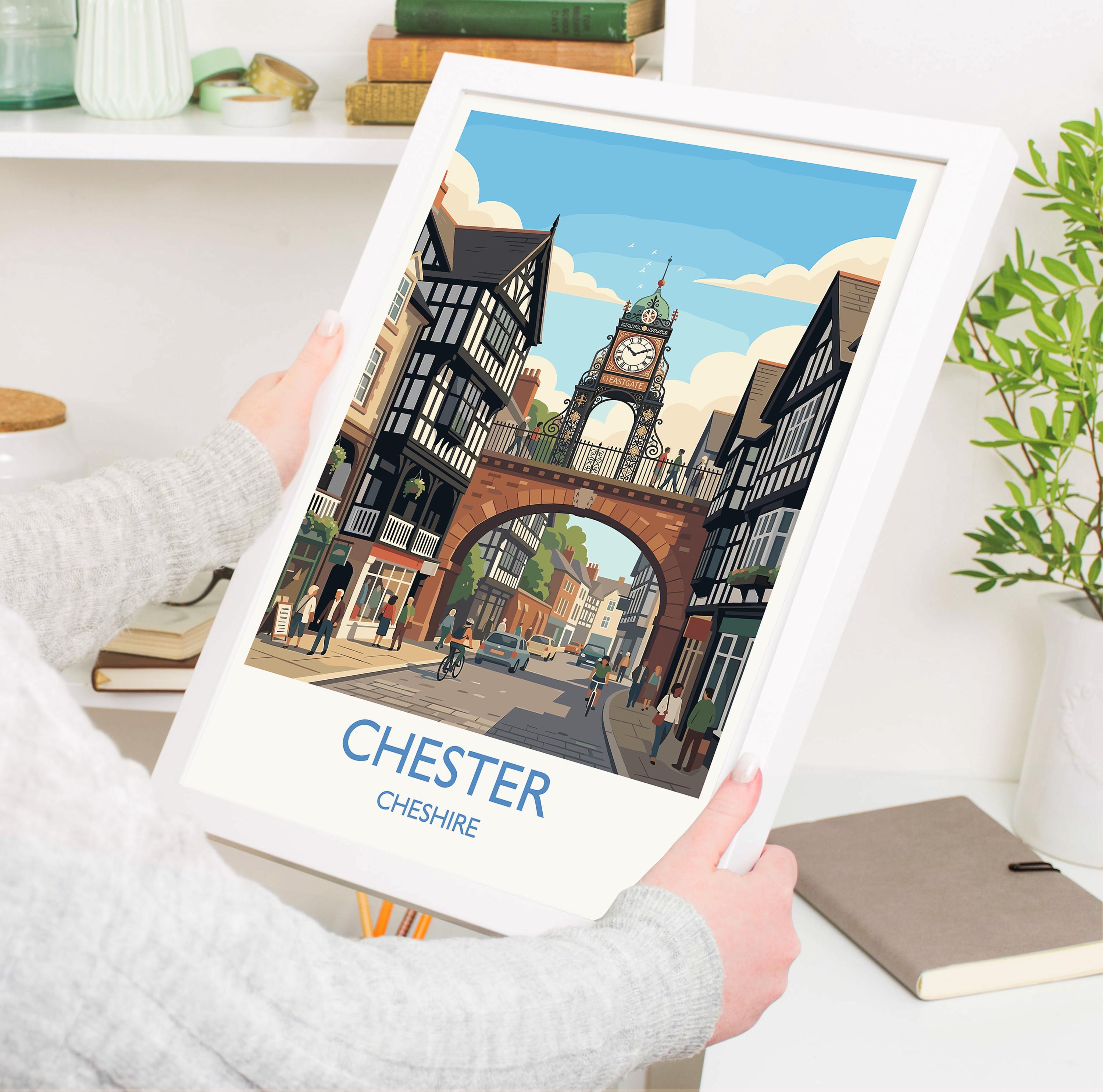 Chester Eastgate Clock Travel Poster, Chester City Wall Art, Historic UK Architecture Print, Vintage Style England City Decor, Chester Gift NQ Media Designs
