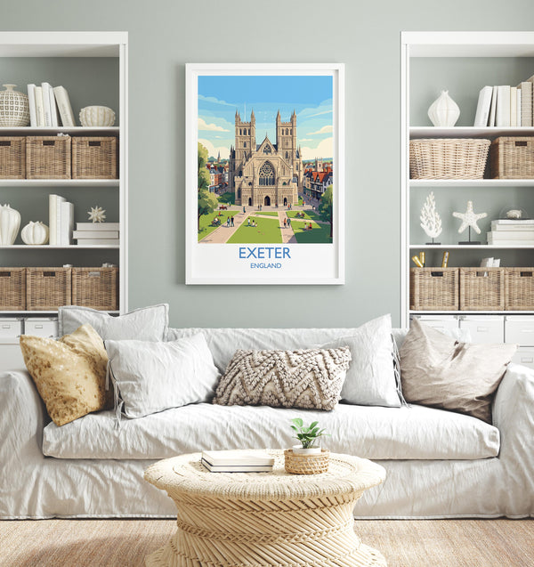 Exeter Cathedral Travel Poster, Exeter Devon Wall Art, Historic England City Print, Gothic Architecture Illustration, UK Decor, Exeter Gift
