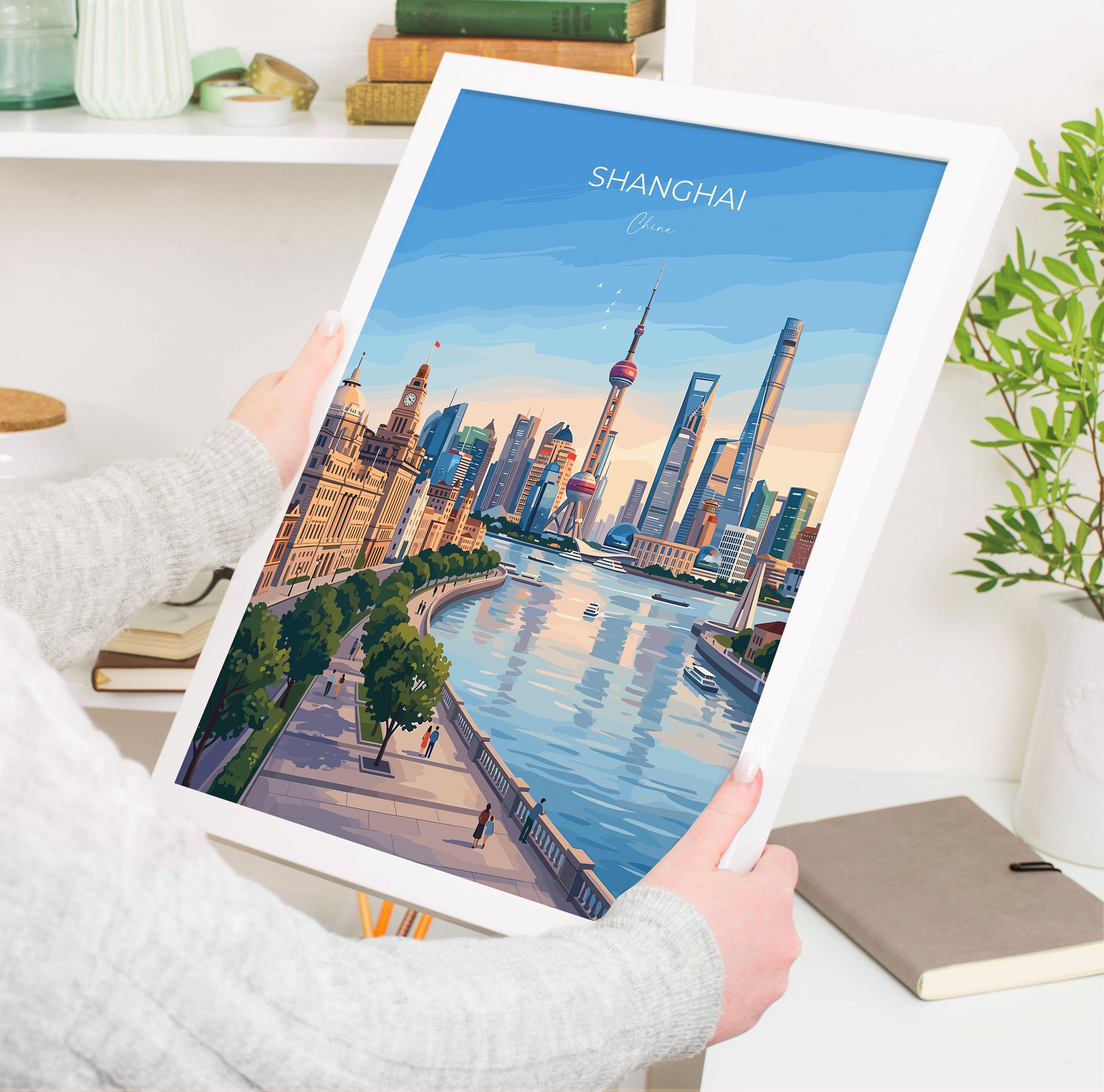 Shanghai China Travel Print, City Skyline Wall Art, Shanghai Poster, Bund & Pudong Illustration, Asia Vintage Style Decor