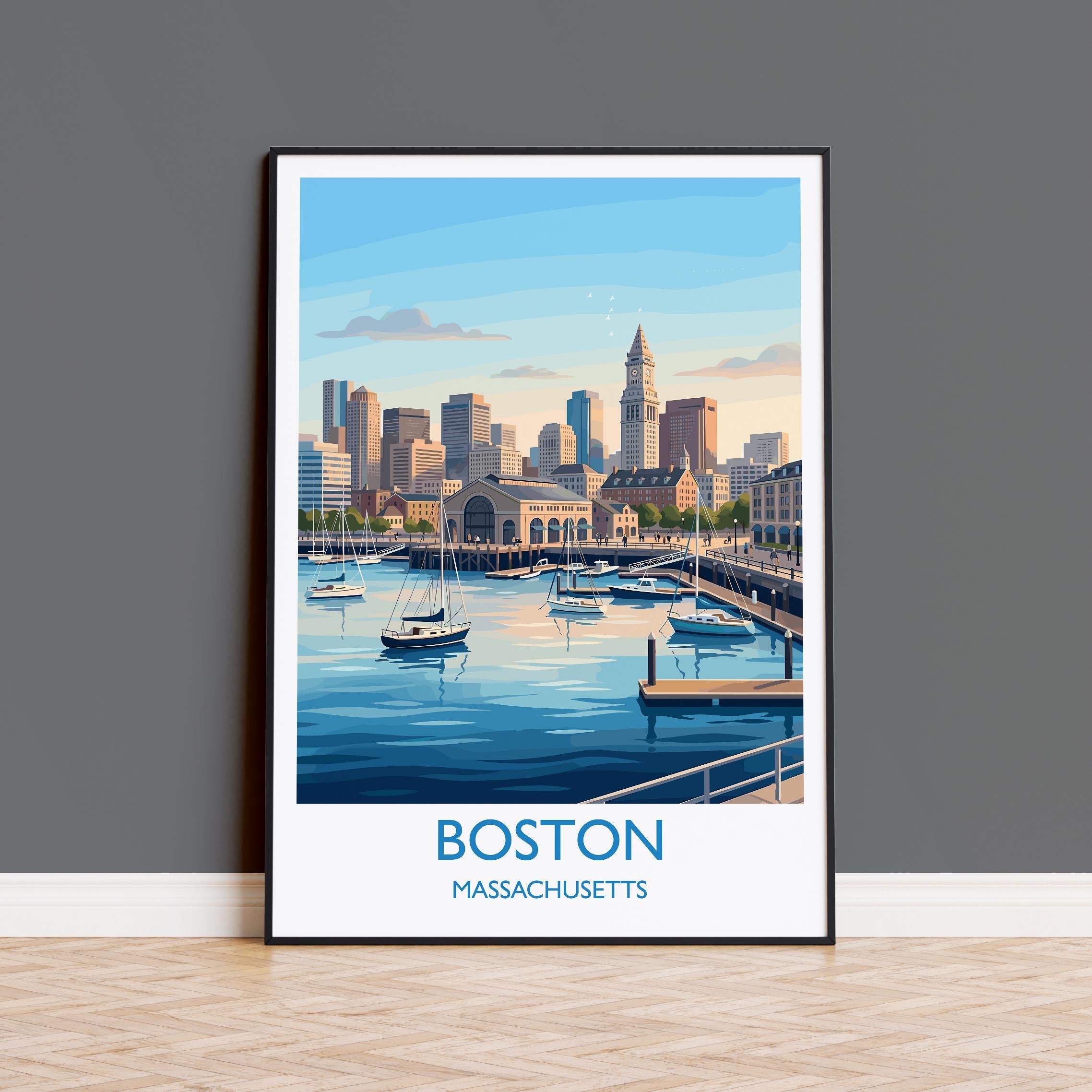 Boston USA Travel Poster, Boston Harbor Skyline Wall Art, Waterfront Cityscape Print, Massachusetts Illustration, Vintage Style Decor