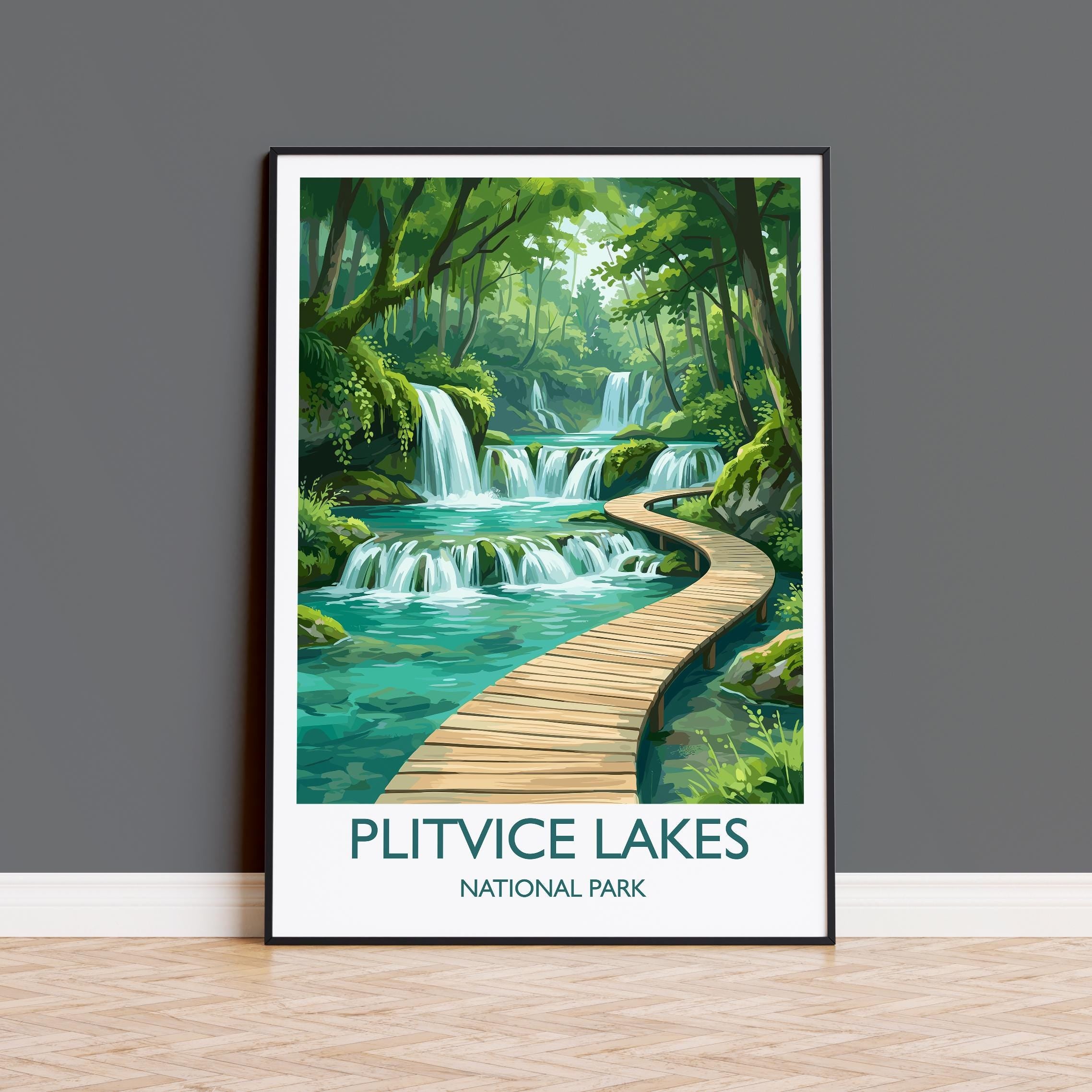 Plitvice Lakes Croatia Travel Poster, Waterfalls & Boardwalk Wall Art, National Park Print, Nature Illustration, Vintage Style Decor