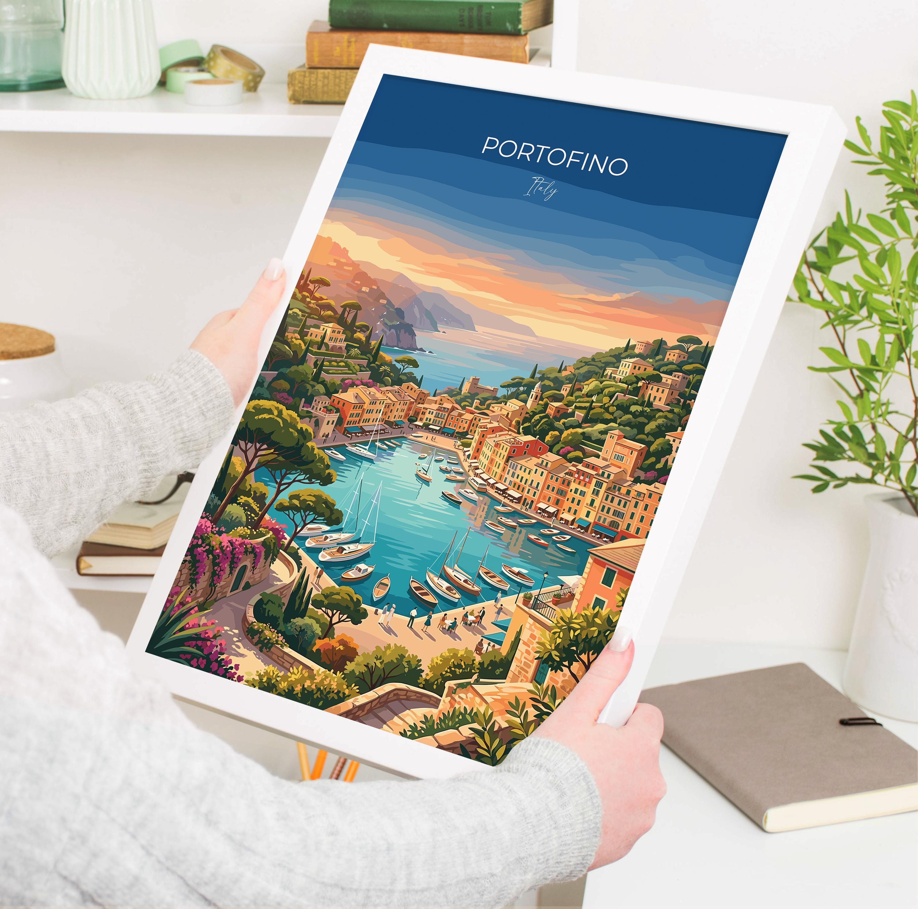 Portofino Italy Travel Print, Italian Riviera Wall Art, Colourful Harbour Poster, Mediterranean Coastal Illustration, Vintage Europe Decor