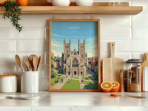 Exeter Cathedral Travel Print, Exeter Devon Wall Art, Historic England City Poster, Gothic Architecture Illustration, UK Decor, Exeter Gift