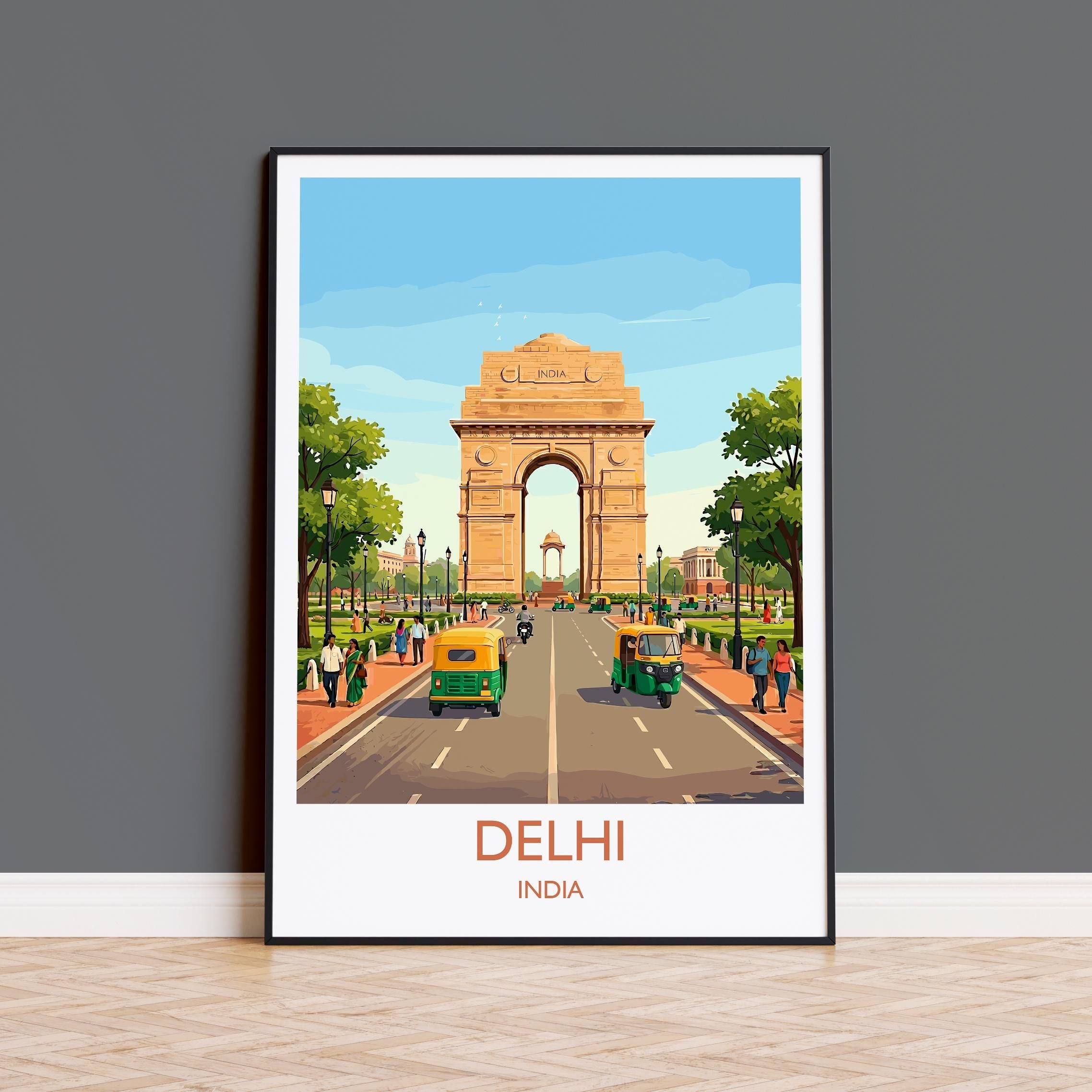 Delhi India Travel Poster, India Gate Wall Art, Delhi Landmark Print, Historic Monument Illustration, Vintage Style Asia Decor, India Gift