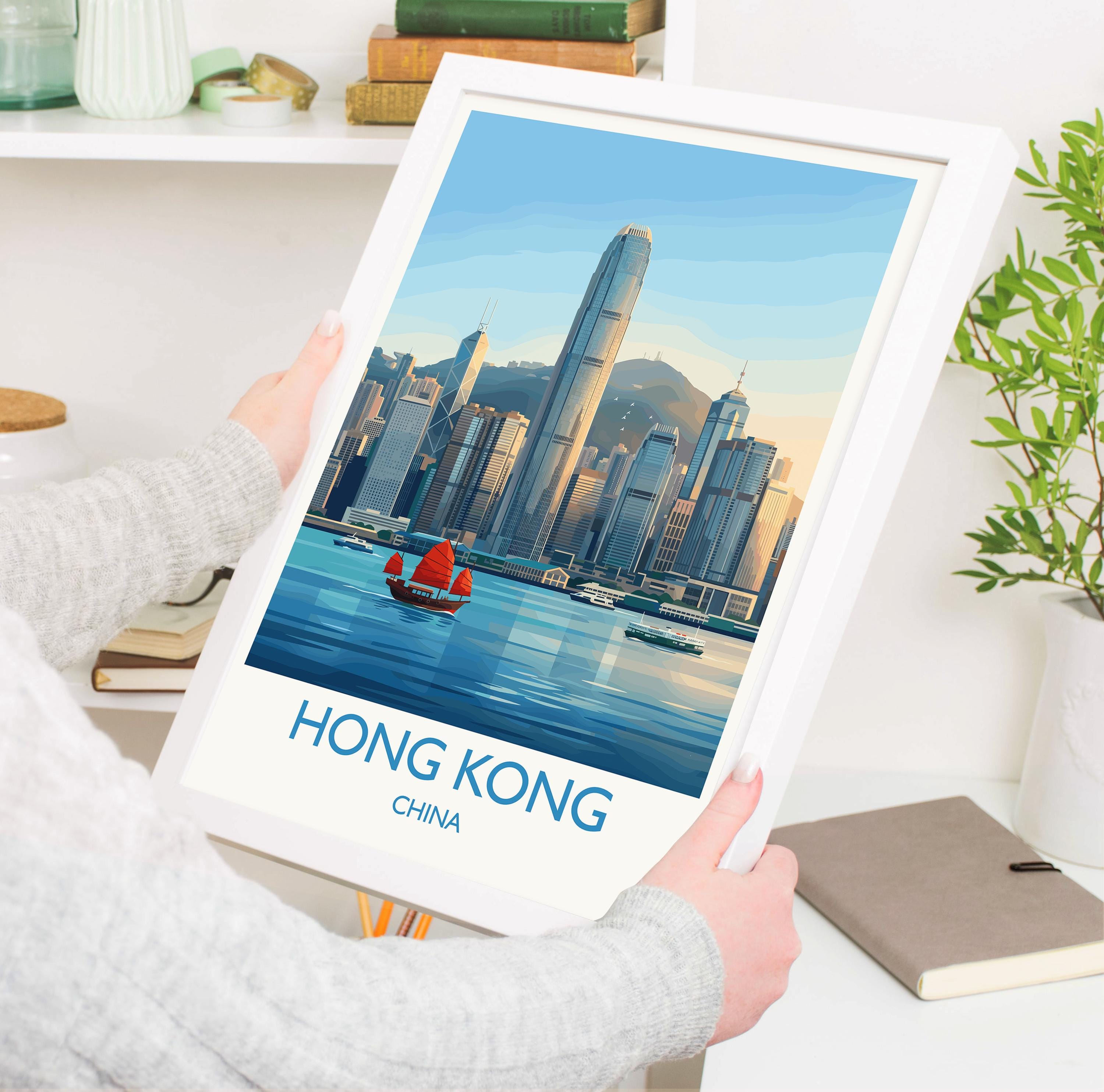 Hong Kong Travel Poster, Victoria Harbour Wall Art, Hong Kong Skyline Print, Star Ferry Illustration, Vintage Style Asia City Decor