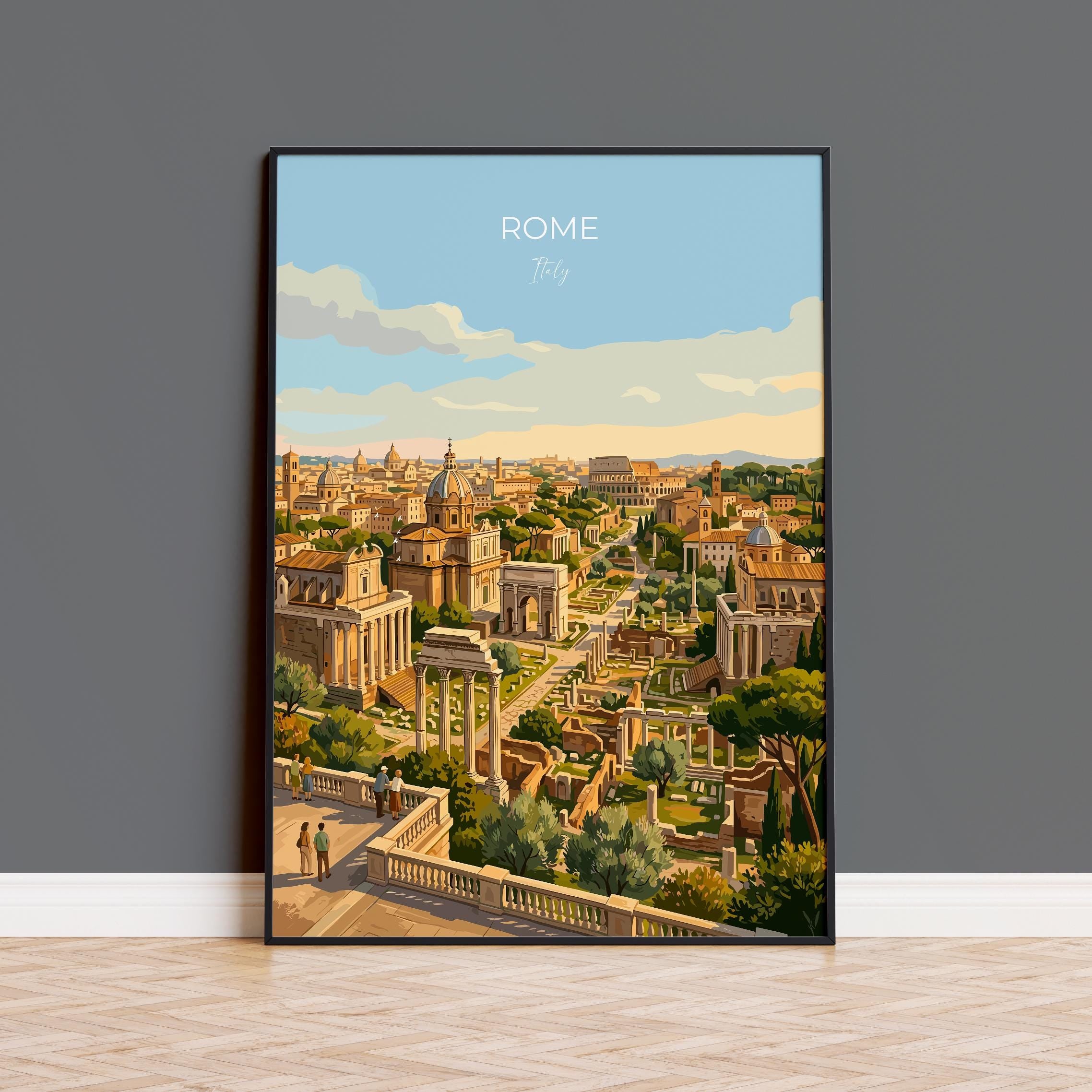Rome Forum Travel Poster, Roman Forum Ruins Wall Art, Ancient Rome Landscape Print, Historic Architecture Illustration, Italy Decor